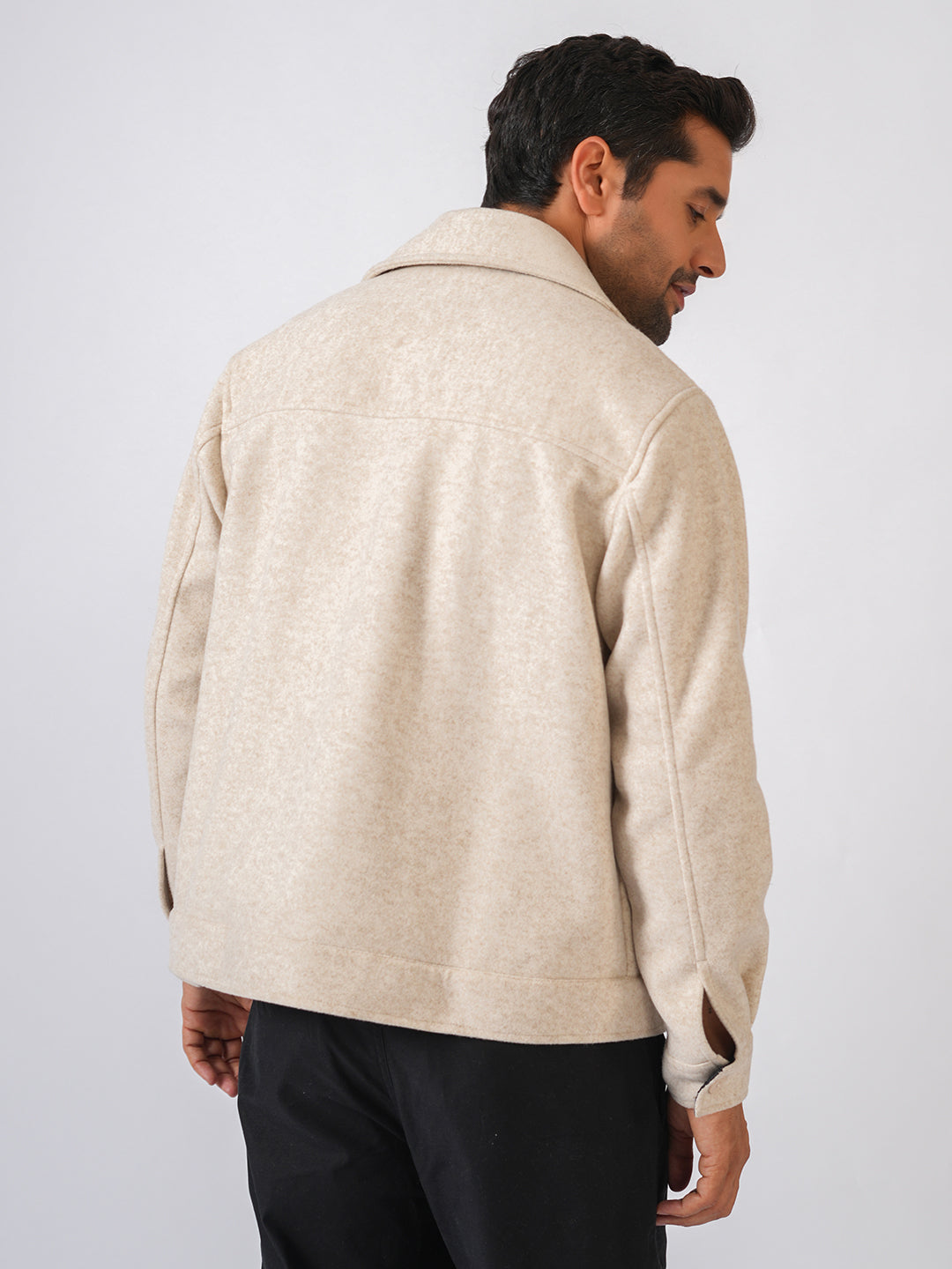 Cream Solid Woolen Crop Jacket