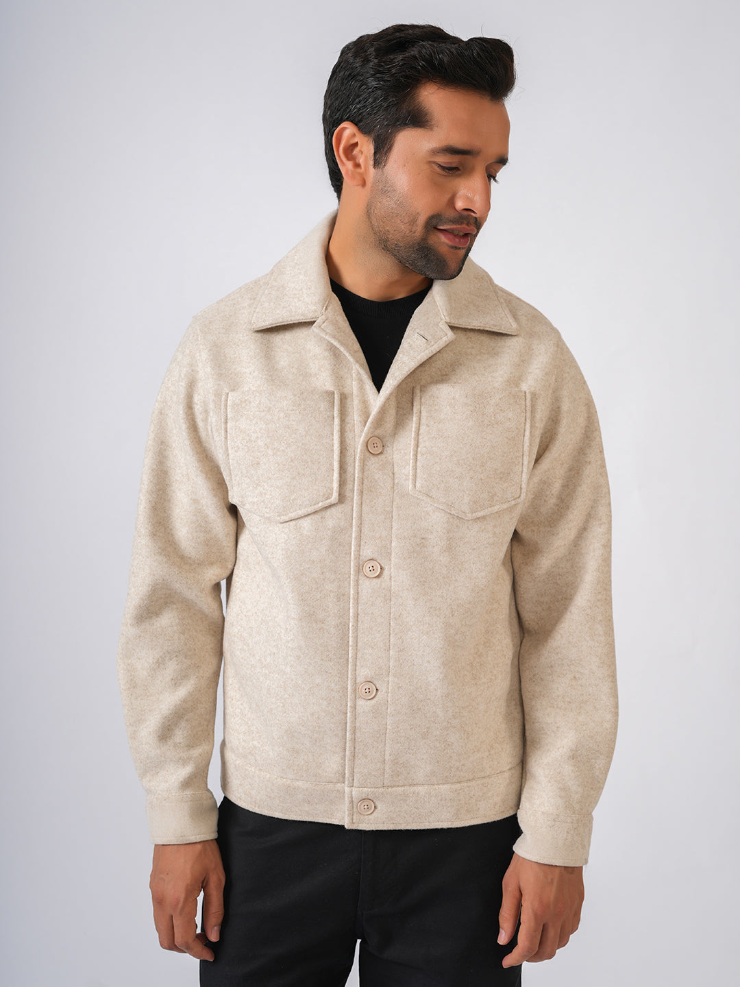 Cream Solid Woolen Crop Jacket