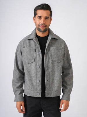 Grey Solid Woolen Crop Jacket