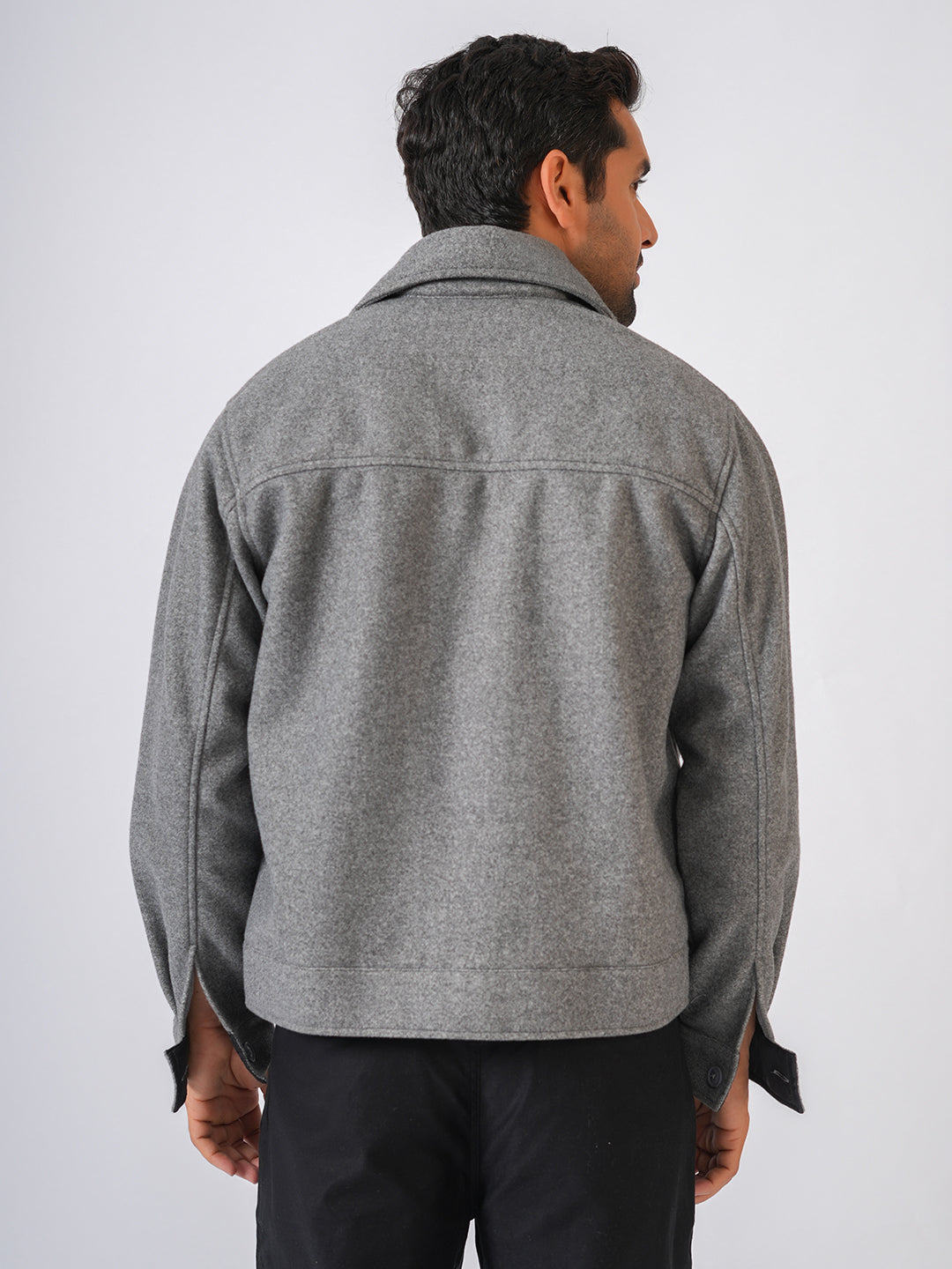 Grey Solid Woolen Crop Jacket
