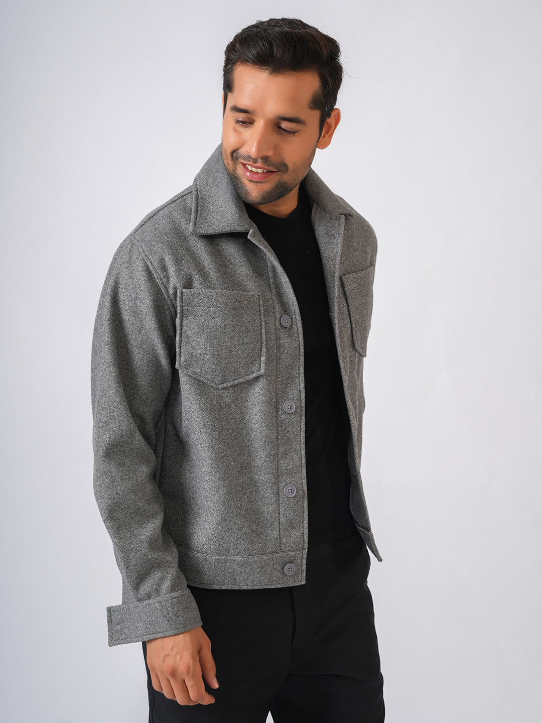 Grey Solid Woolen Crop Jacket