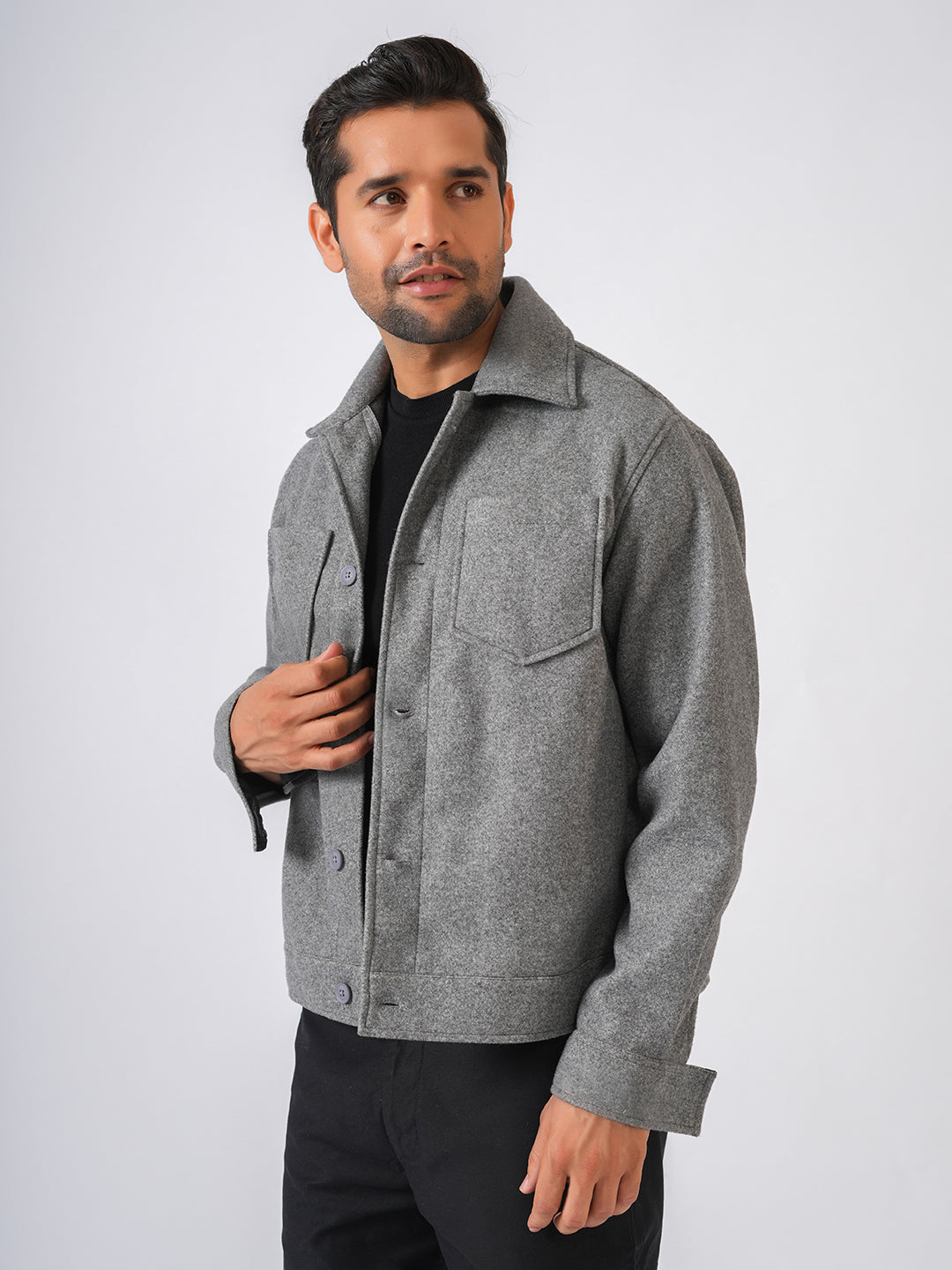 Grey Solid Woolen Crop Jacket