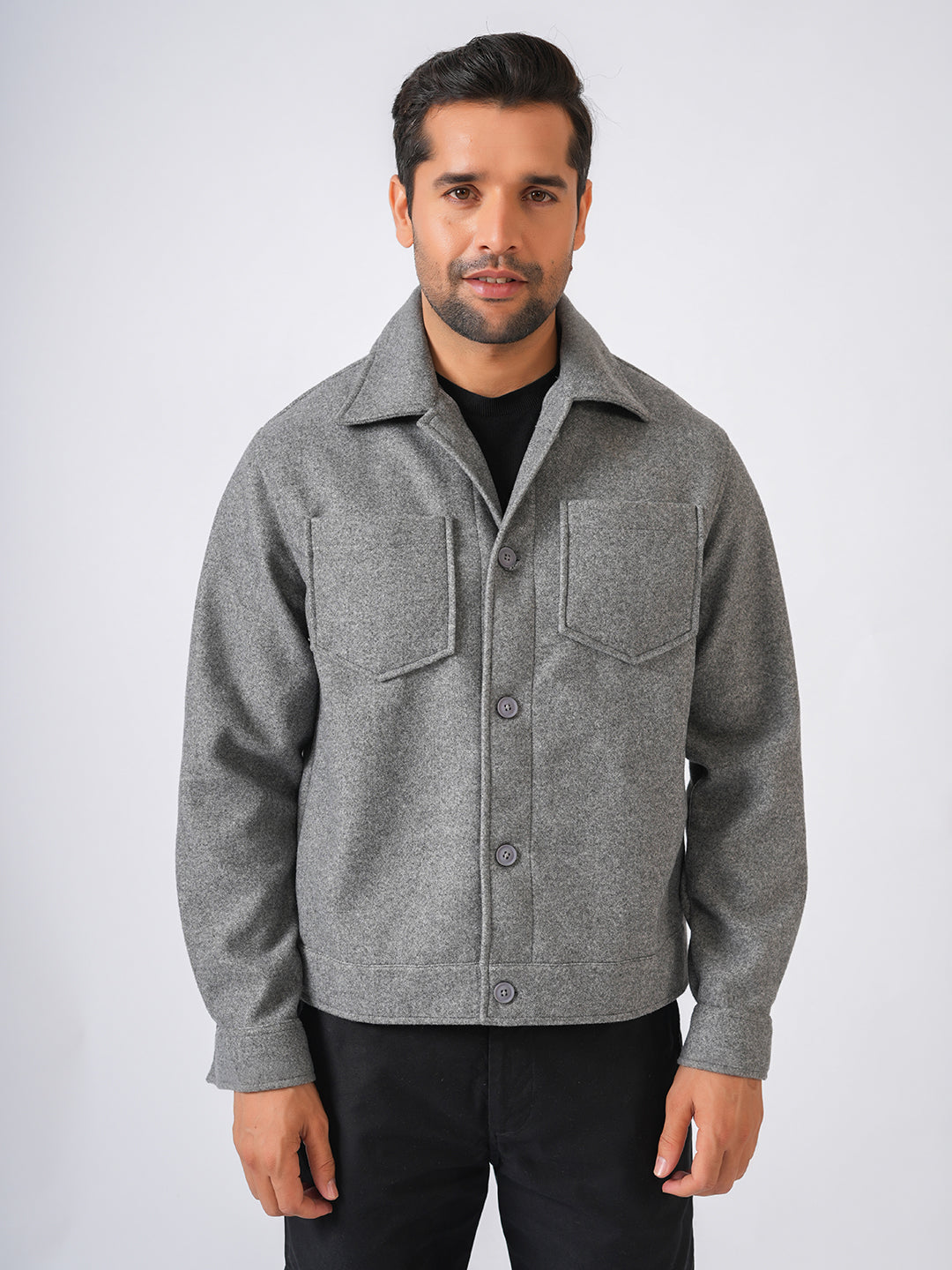 Grey Solid Woolen Crop Jacket