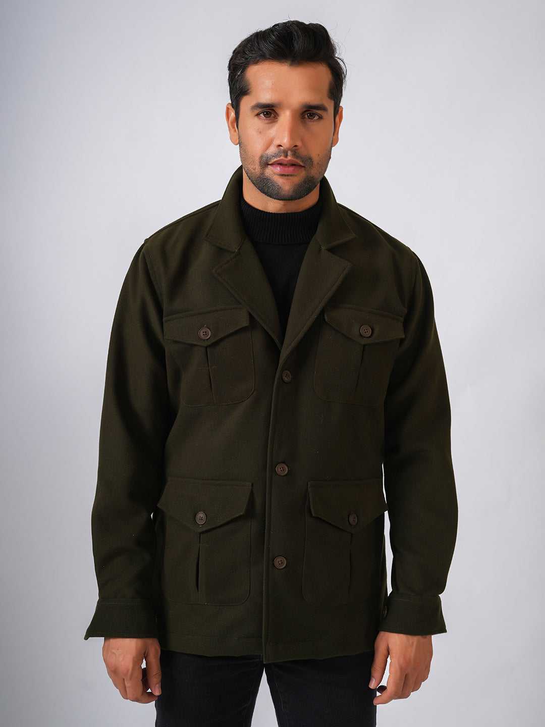 Olive Green Solid Tweed Wool Regular Coat