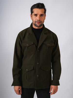 Olive Green Solid Tweed Wool Regular Coat