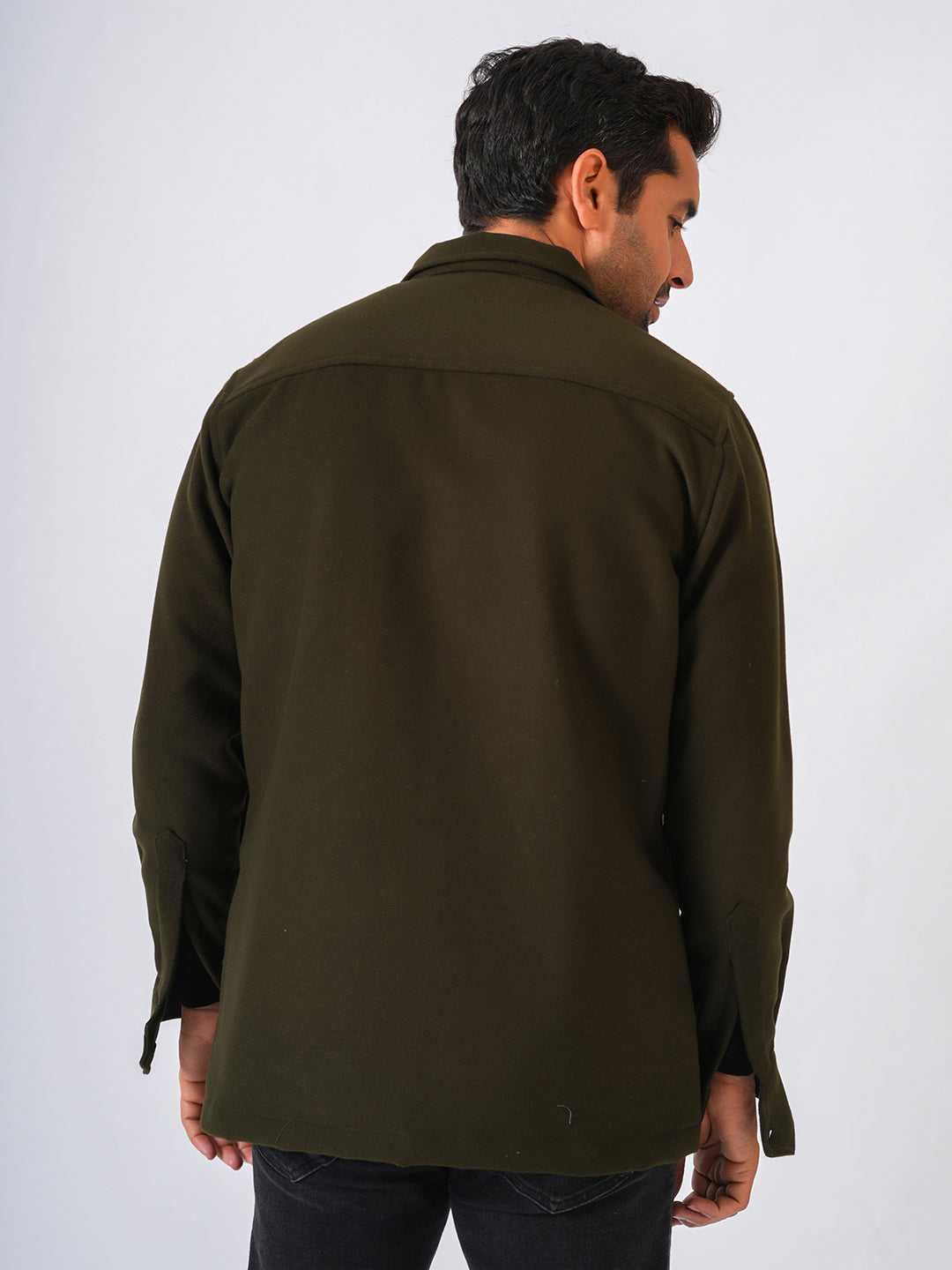 Olive Green Solid Tweed Wool Regular Coat