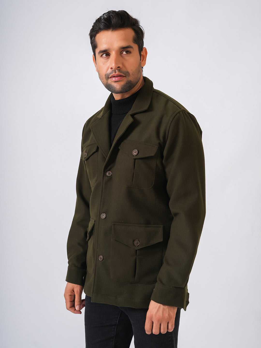 Olive Green Solid Tweed Wool Regular Coat
