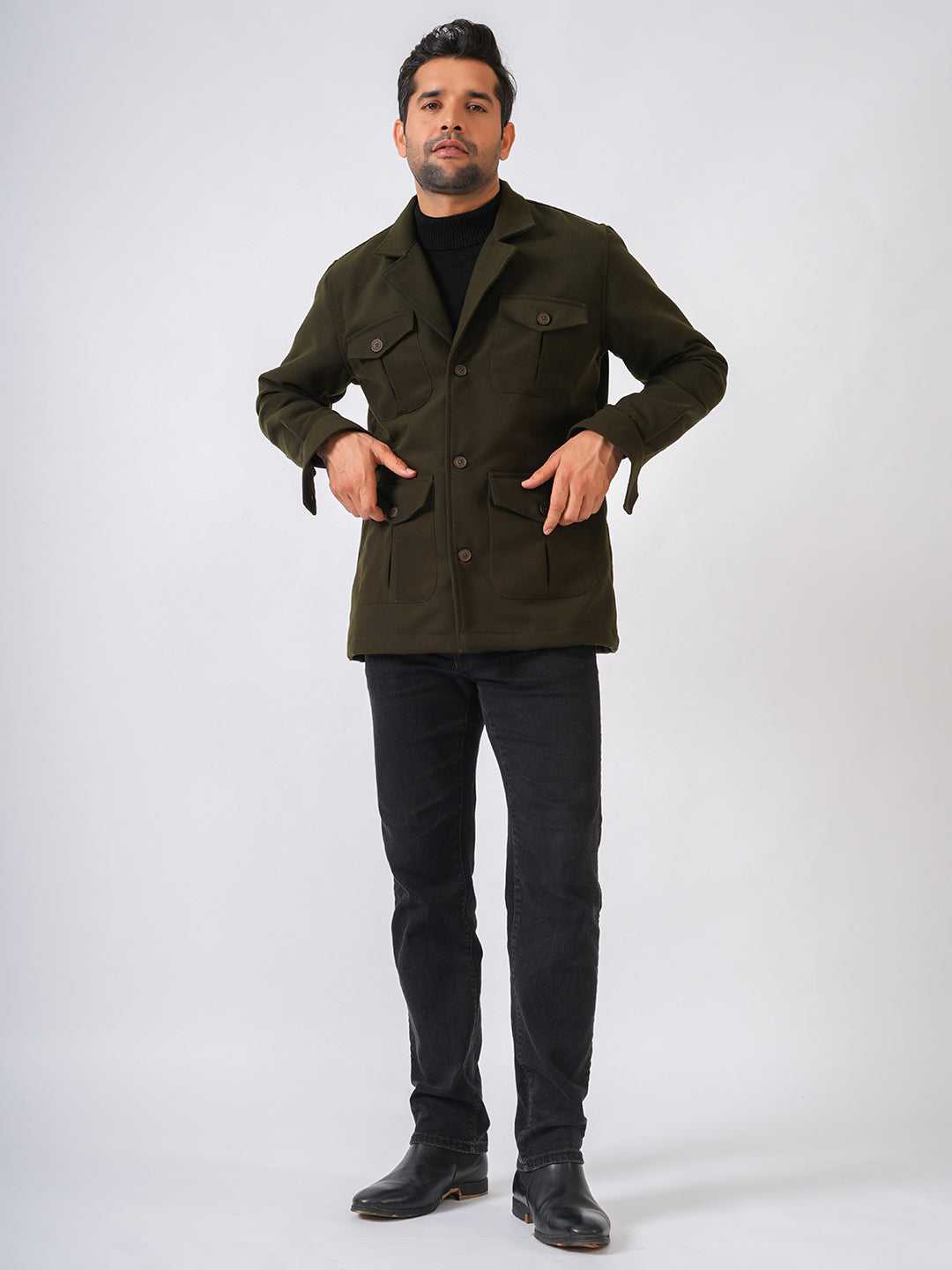 Olive Green Solid Tweed Wool Regular Coat