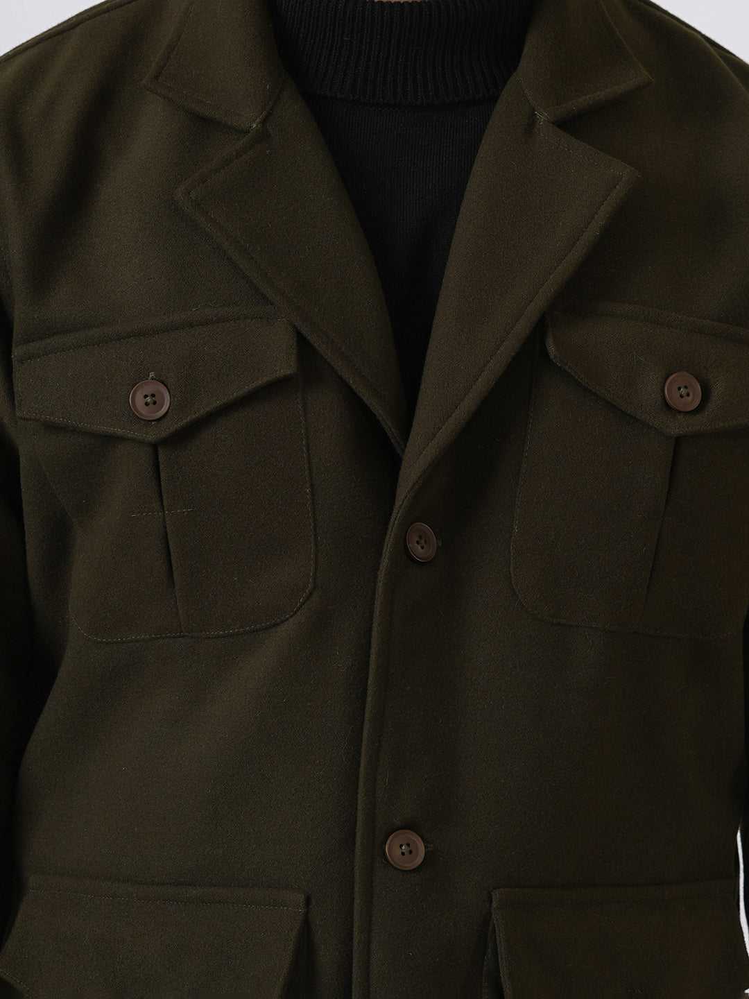 Olive Green Solid Tweed Wool Regular Coat