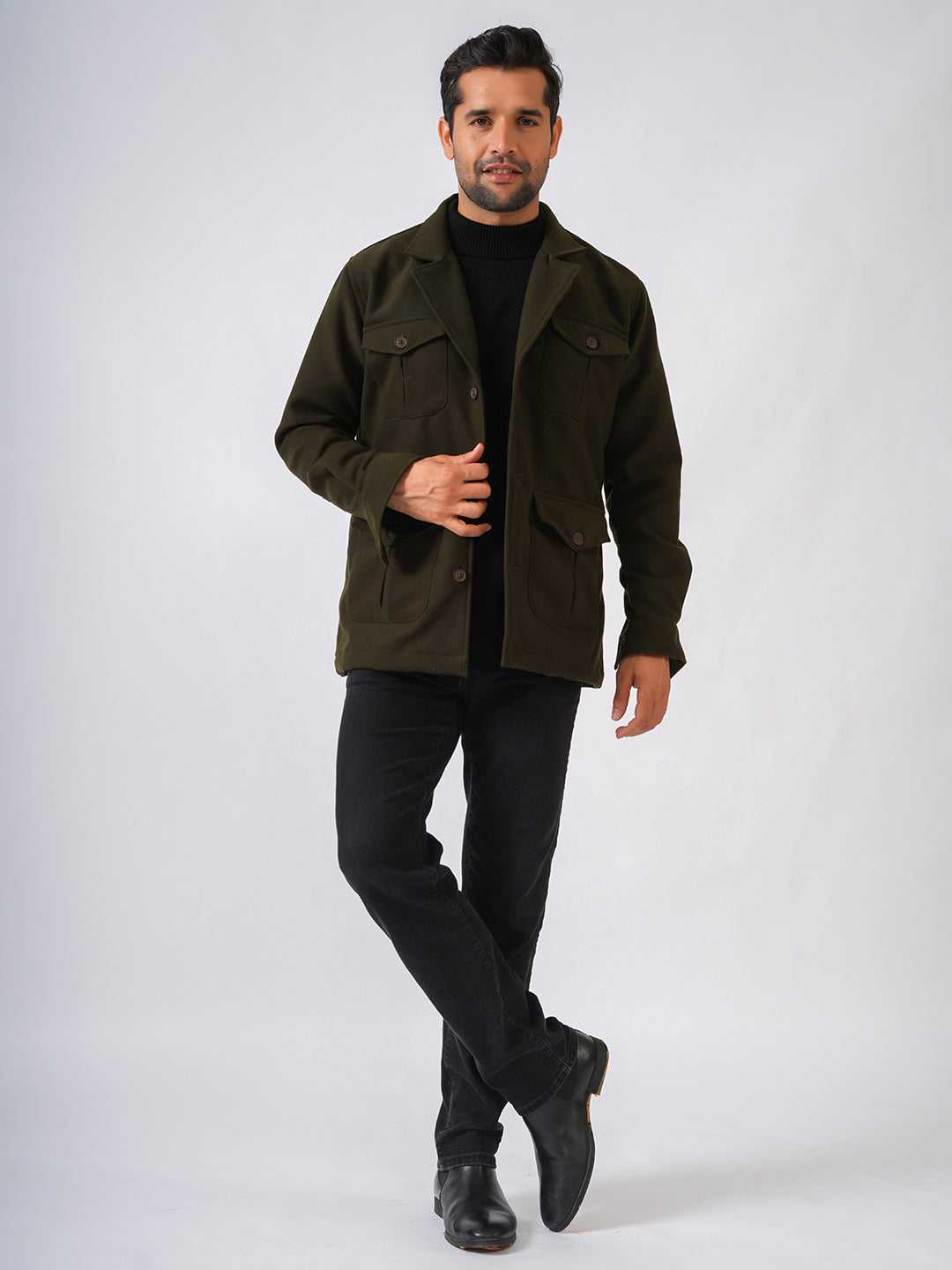Olive Green Solid Tweed Wool Regular Coat