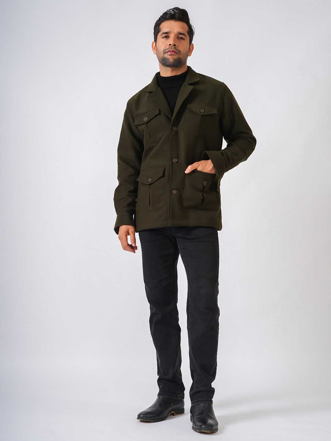 Olive Green Solid Tweed Wool Regular Coat