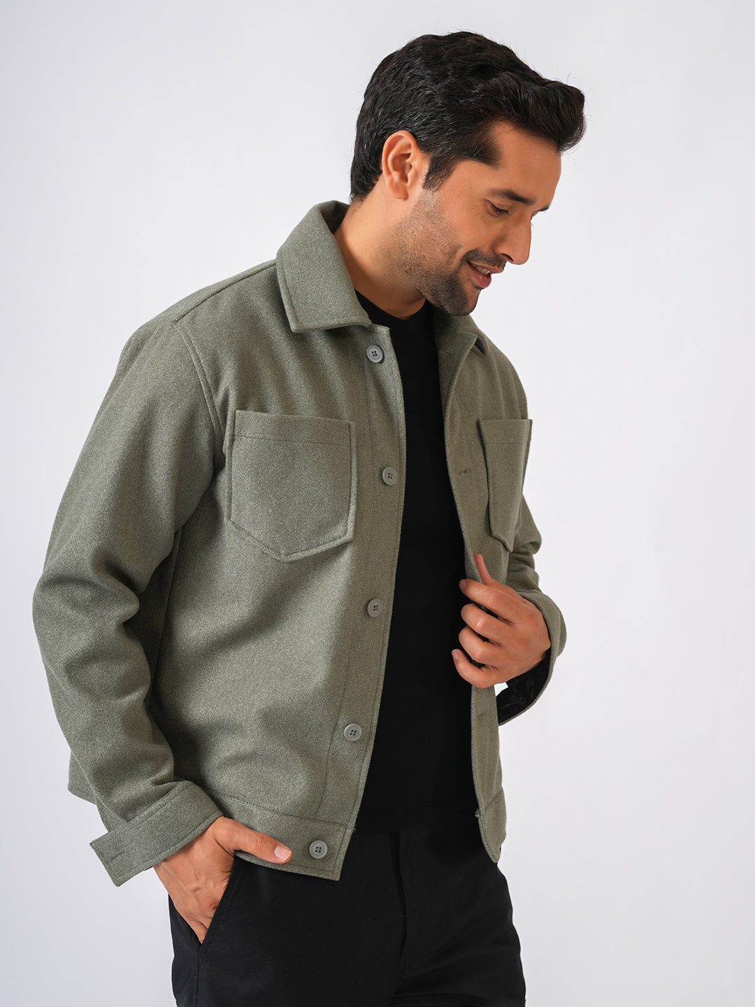 Pista Green Solid Woolen Crop Jacket