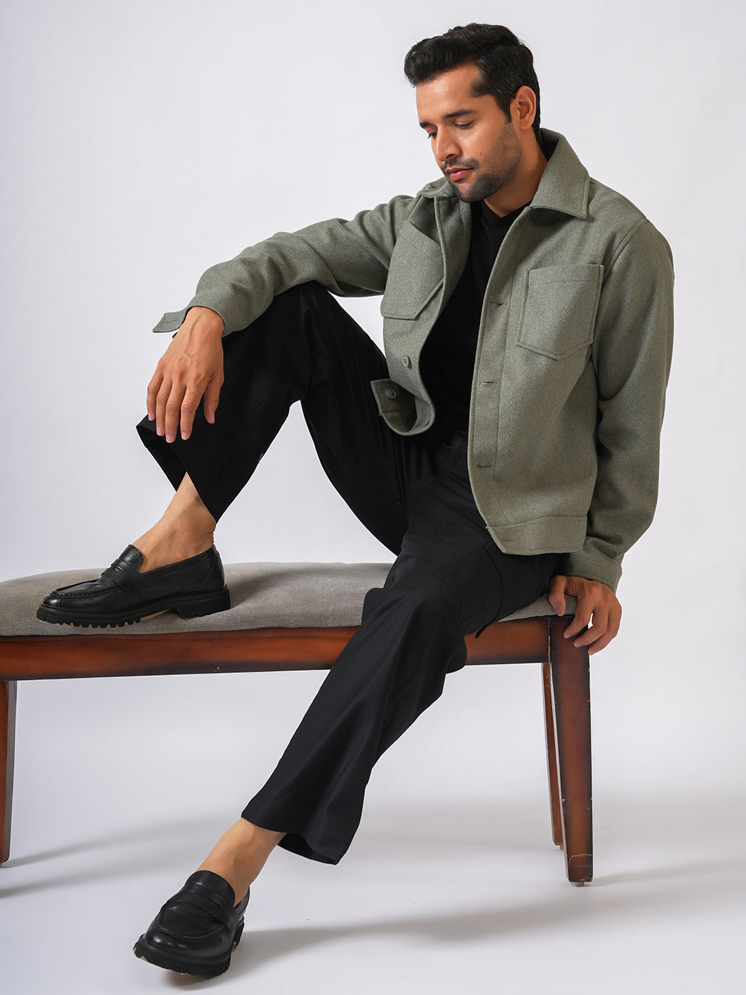 Pista Green Solid Woolen Crop Jacket