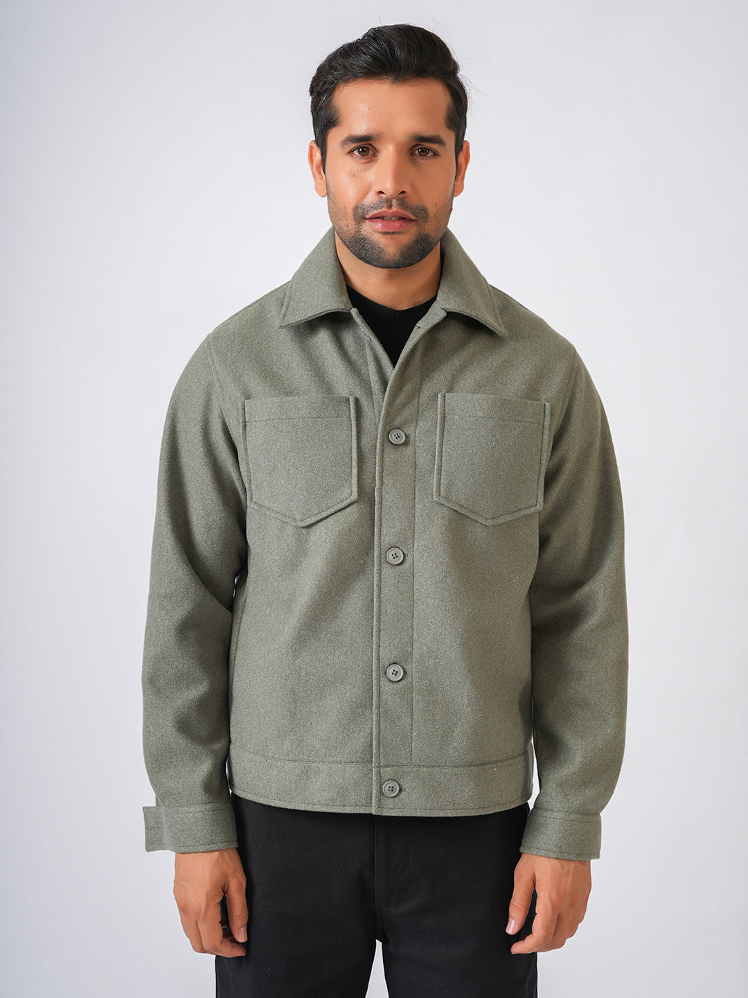 Pista Green Solid Woolen Crop Jacket