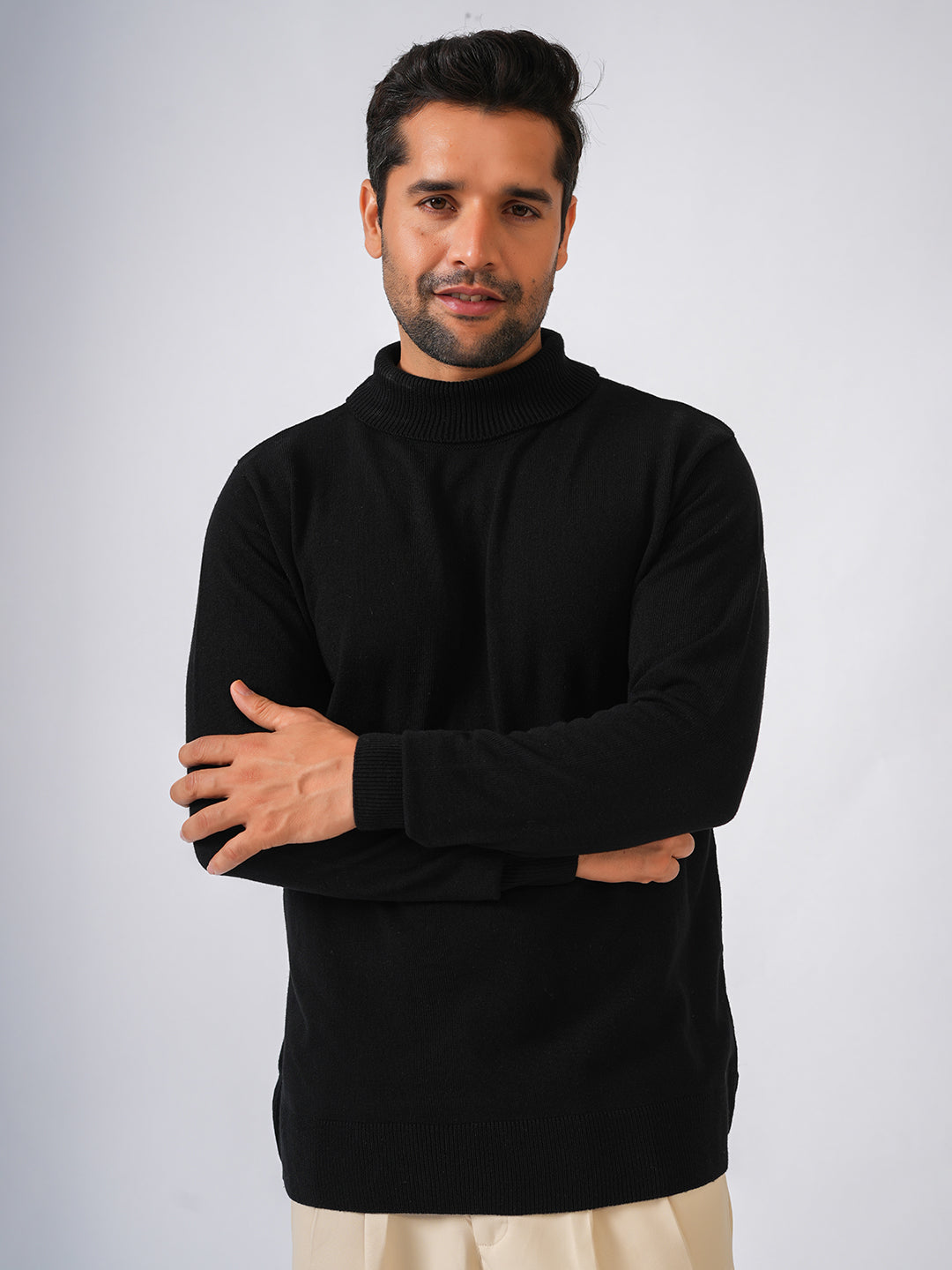 Black Solid Flat Knit High Neck Lightweight Jumper-Sweatshirt