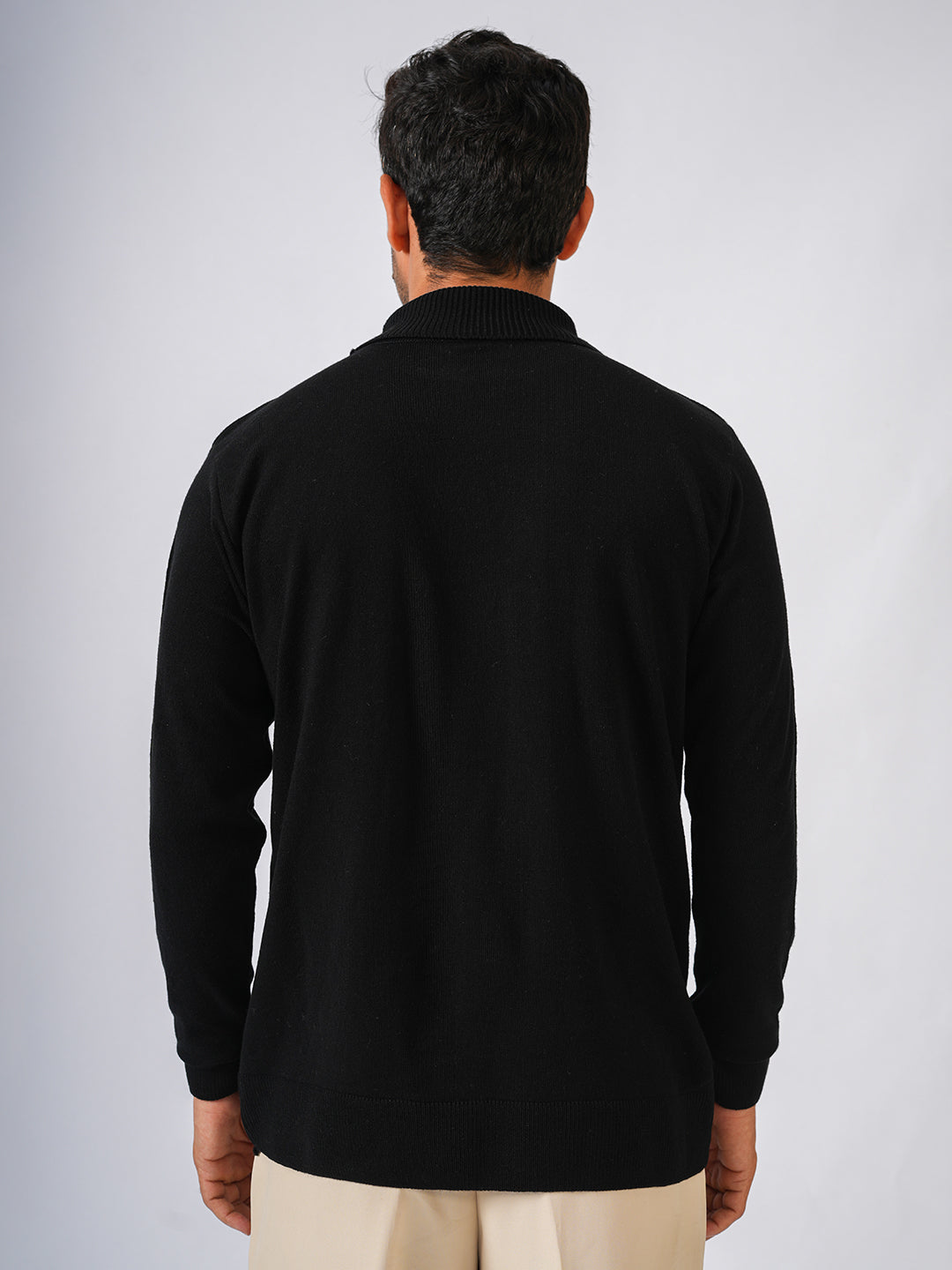 Black Solid Flat Knit High Neck Lightweight Jumper-Sweatshirt