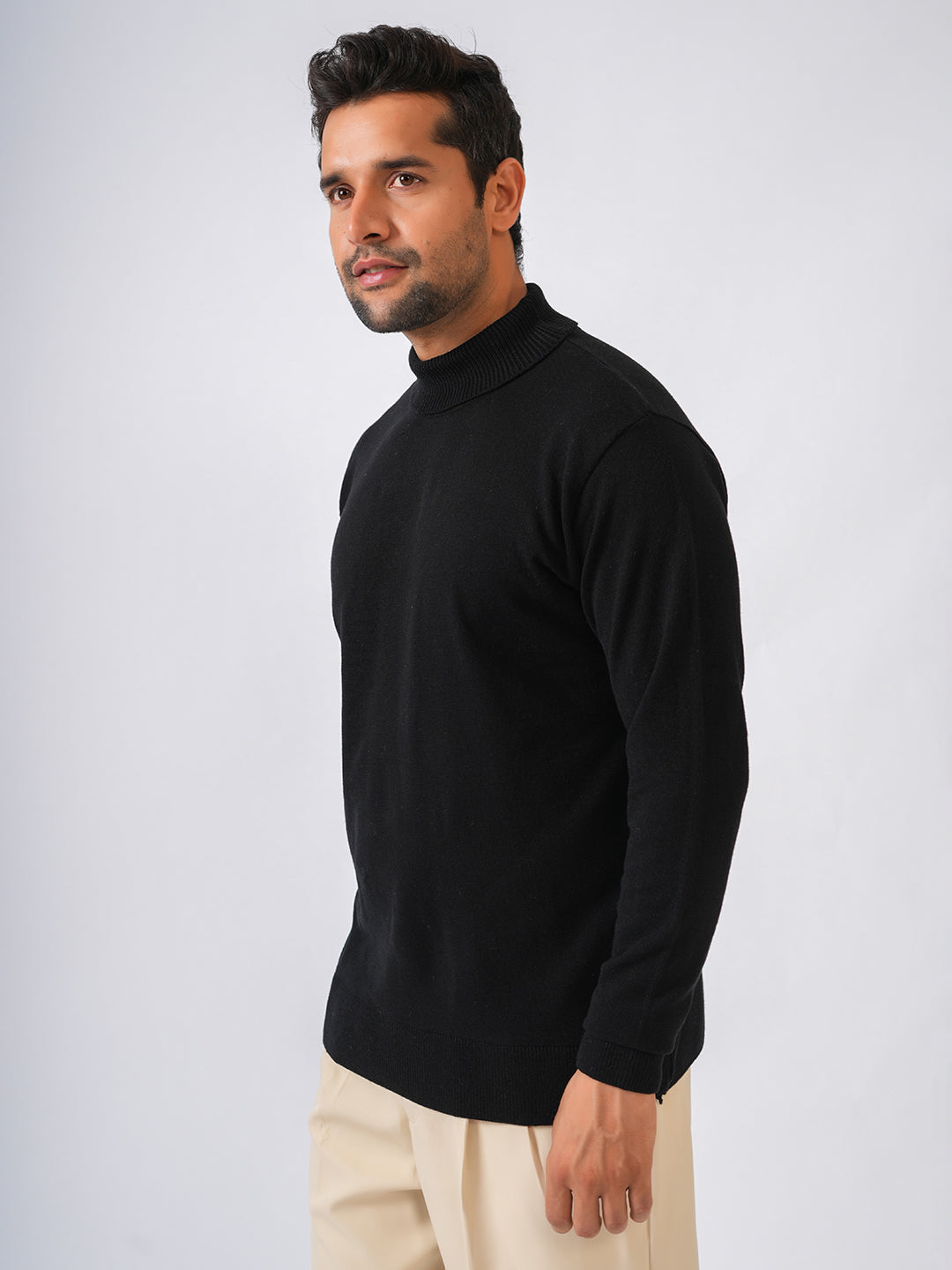 Black Solid Flat Knit High Neck Lightweight Jumper-Sweatshirt
