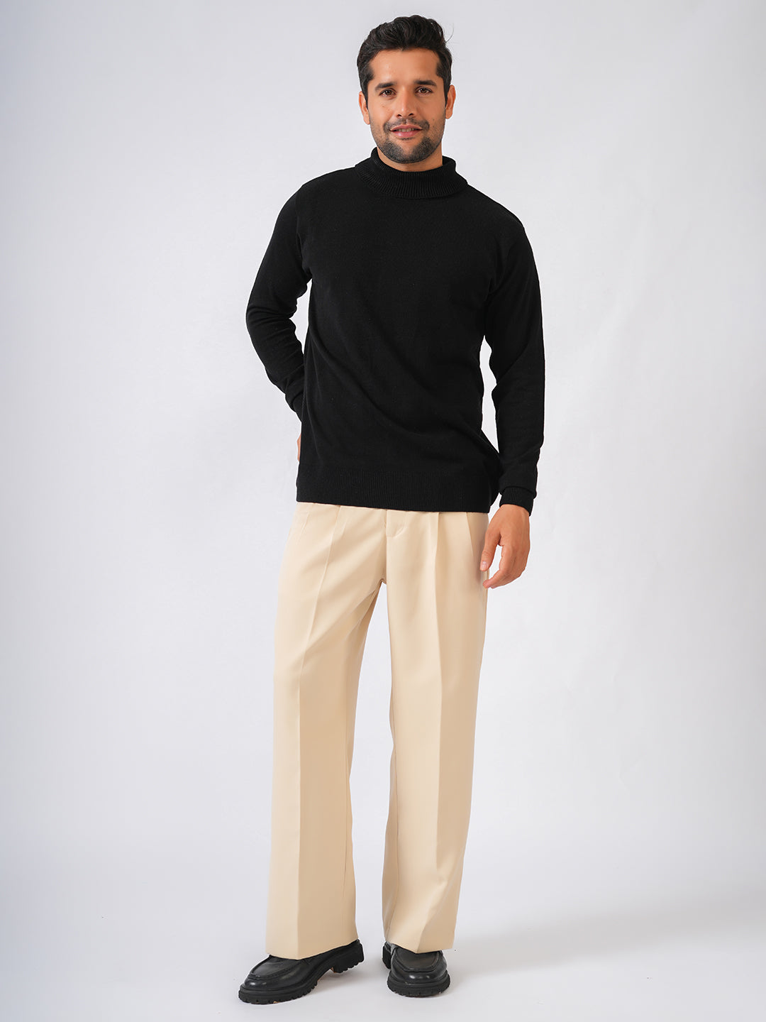 Black Solid Flat Knit High Neck Lightweight Jumper-Sweatshirt