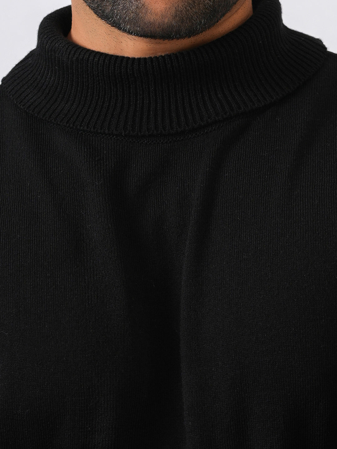 Black Solid Flat Knit High Neck Lightweight Jumper-Sweatshirt
