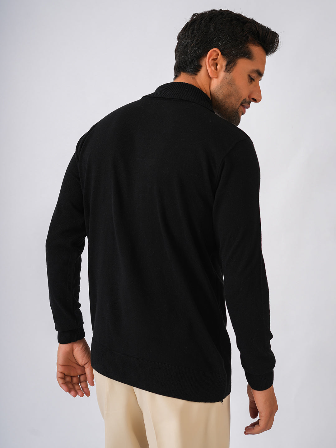 Black Solid Flat Knit High Neck Lightweight Jumper-Sweatshirt