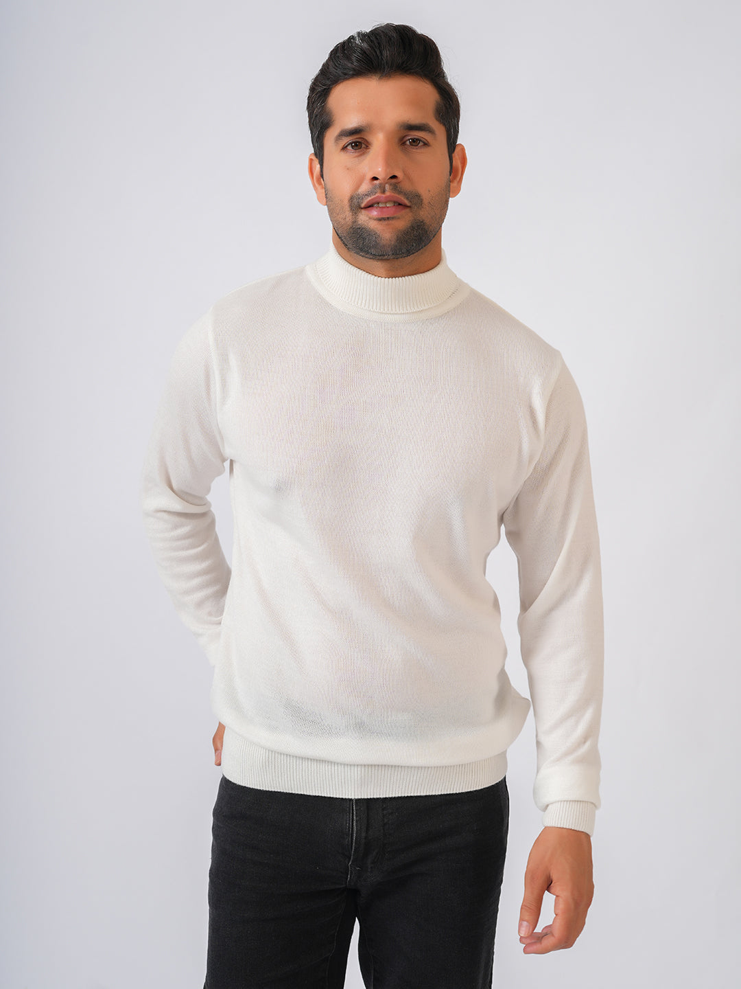 White Solid Flat Knit High Neck Lightweight Jumper-Sweatshirt