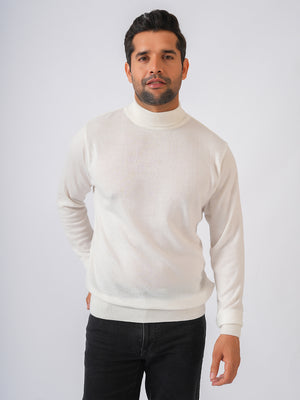 White Solid Flat Knit High Neck Lightweight Jumper-Sweatshirt