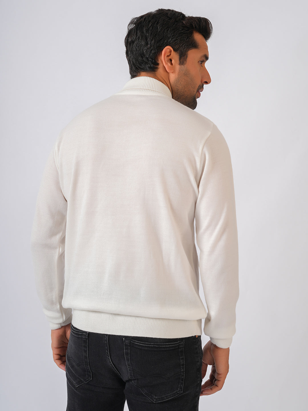 White Solid Flat Knit High Neck Lightweight Jumper-Sweatshirt