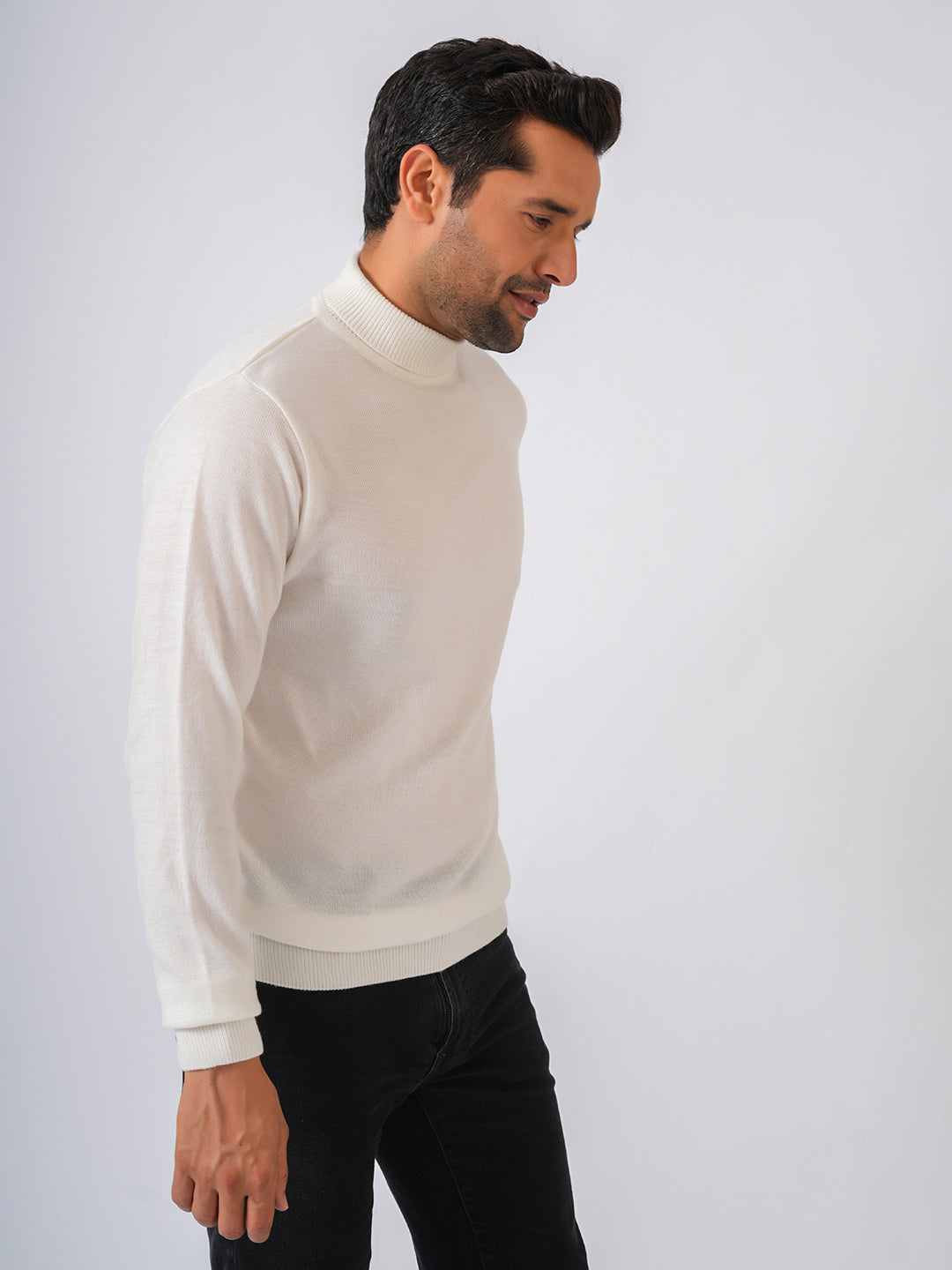 White Solid Flat Knit High Neck Lightweight Jumper-Sweatshirt