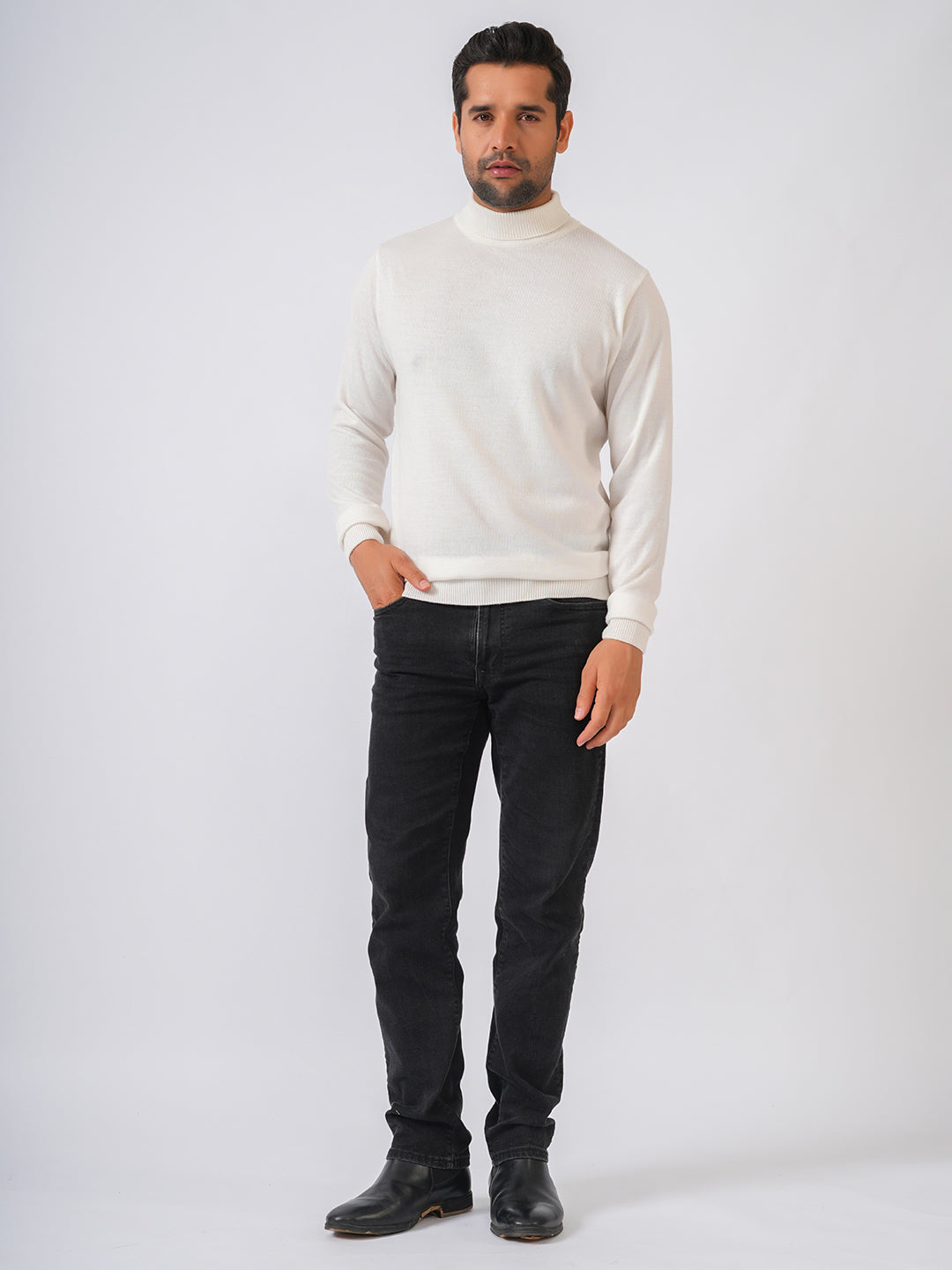 White Solid Flat Knit High Neck Lightweight Jumper-Sweatshirt