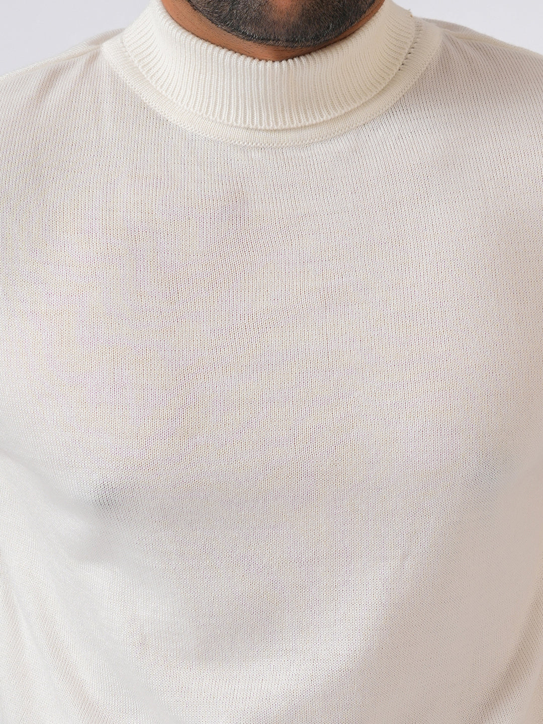 White Solid Flat Knit High Neck Lightweight Jumper-Sweatshirt