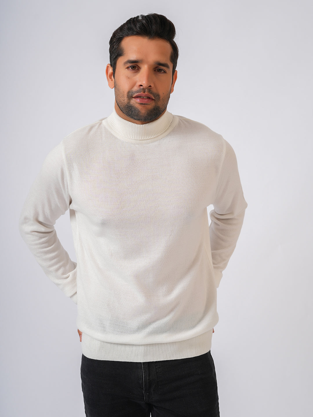White Solid Flat Knit High Neck Lightweight Jumper-Sweatshirt