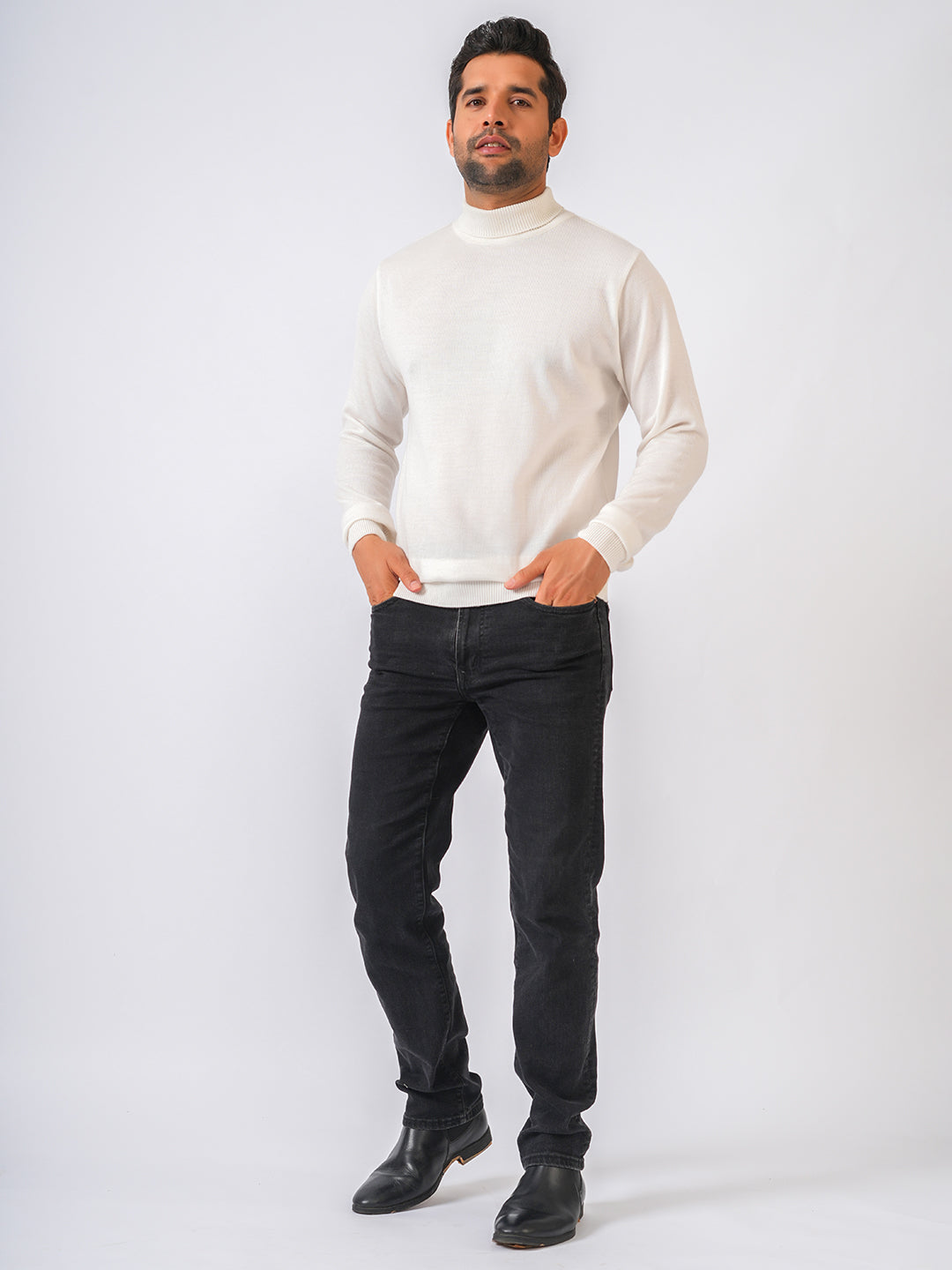 White Solid Flat Knit High Neck Lightweight Jumper-Sweatshirt