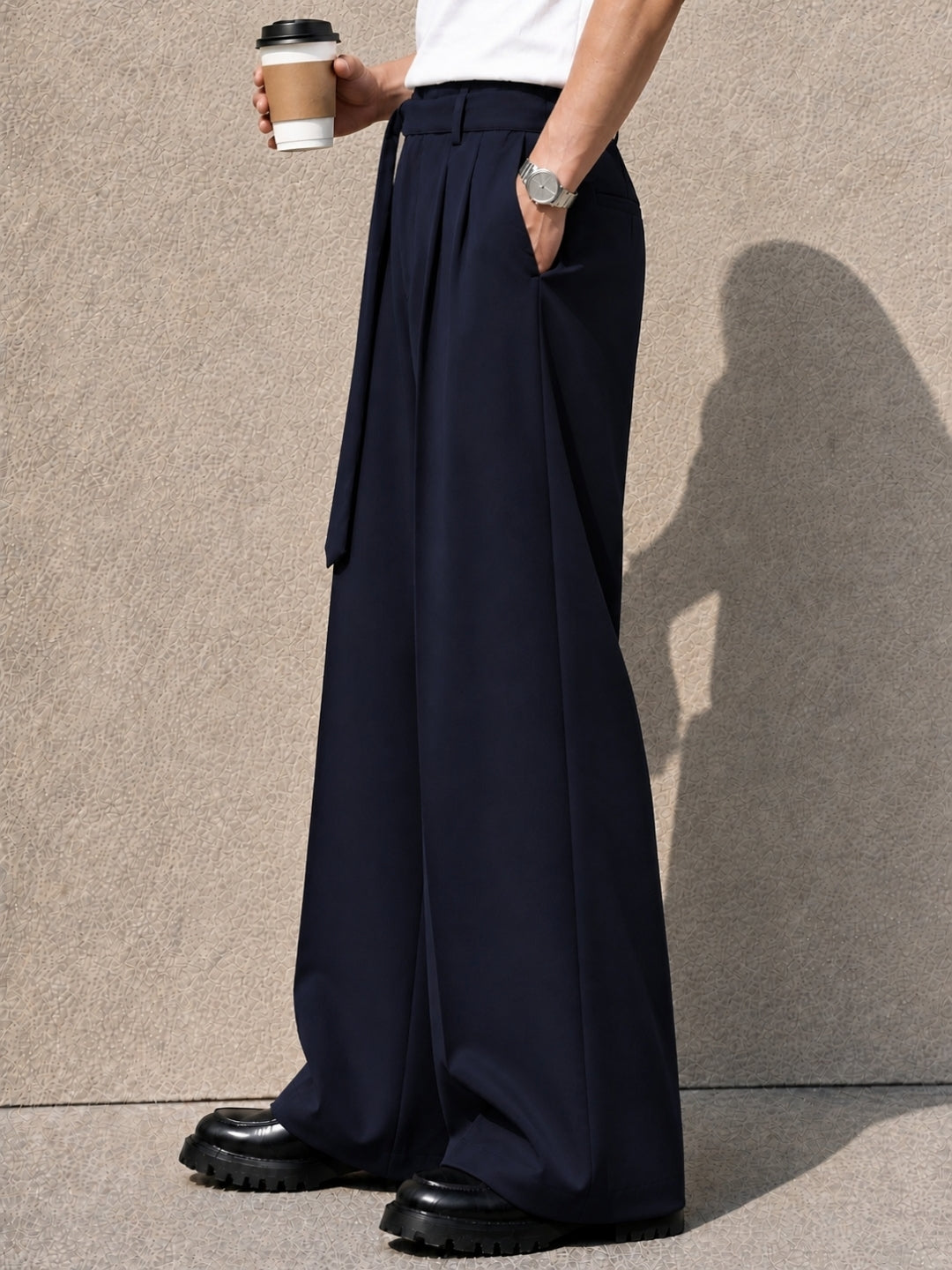 Navy Blue Solid Wide Leg Fit Belted Korean Pant