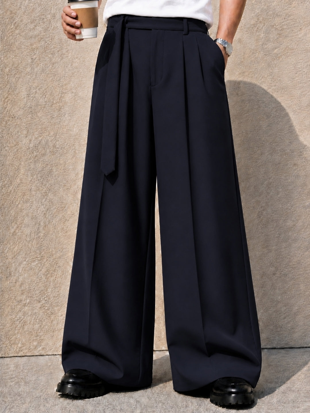 Navy Blue Solid Wide Leg Fit Belted Korean Pant