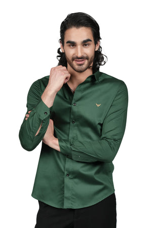 English Green Solid Cotton Satin Slim Fit Shirt