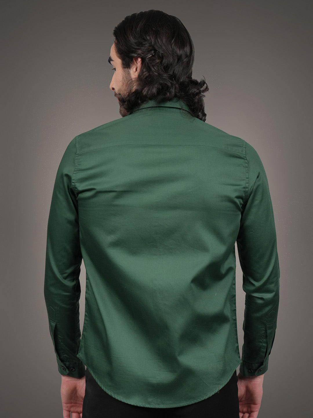 English Green Solid Cotton Satin Slim Fit Shirt