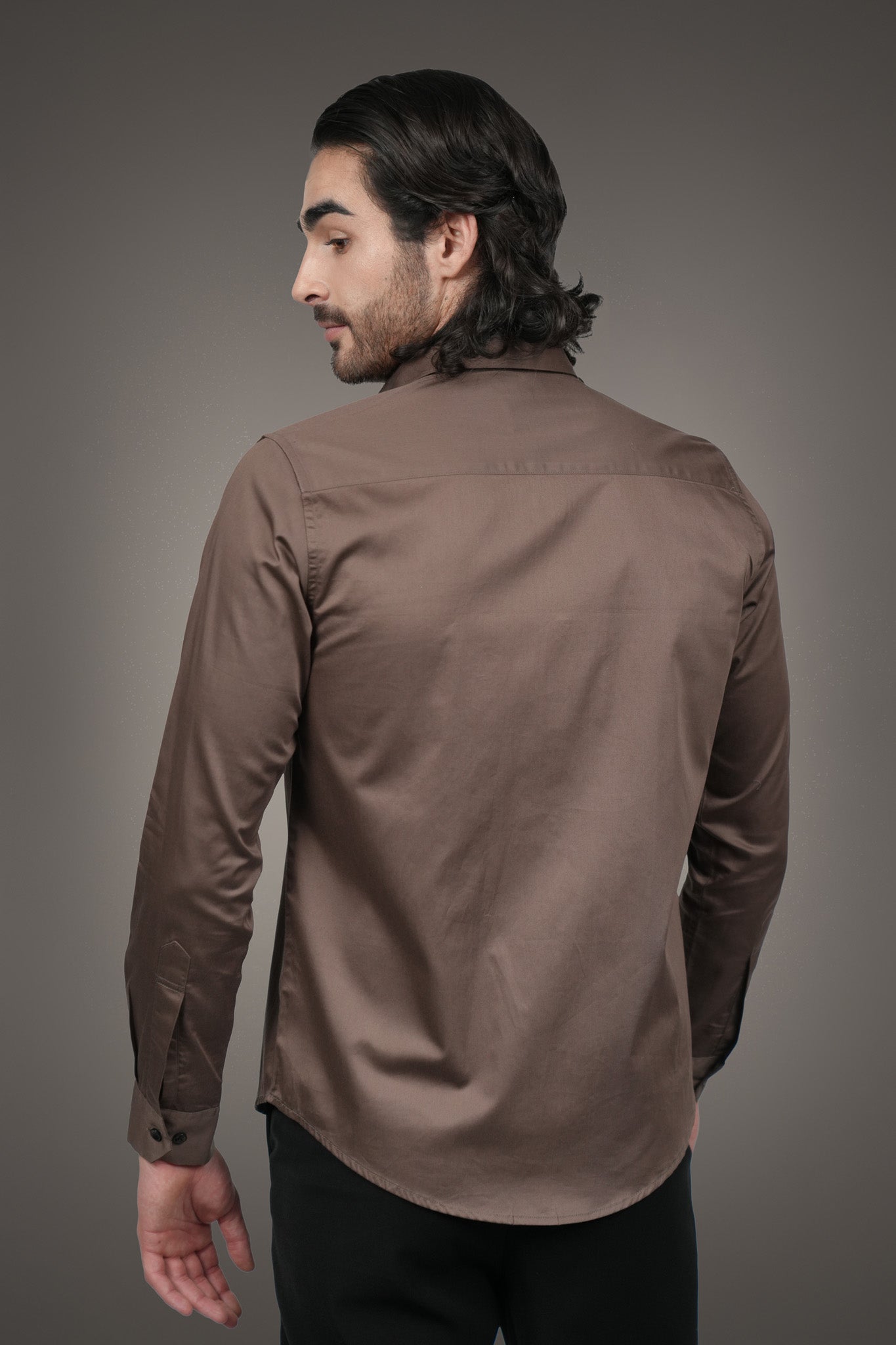 Mocha Brown Solid Cotton Satin Slim Fit Shirt