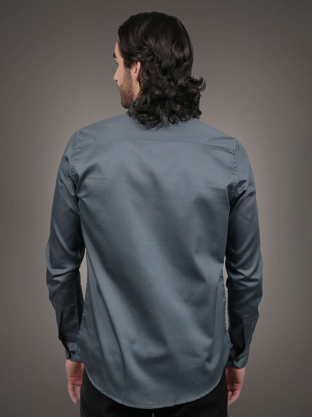 Dark Grey Solid Cotton Satin Slim Fit Shirt