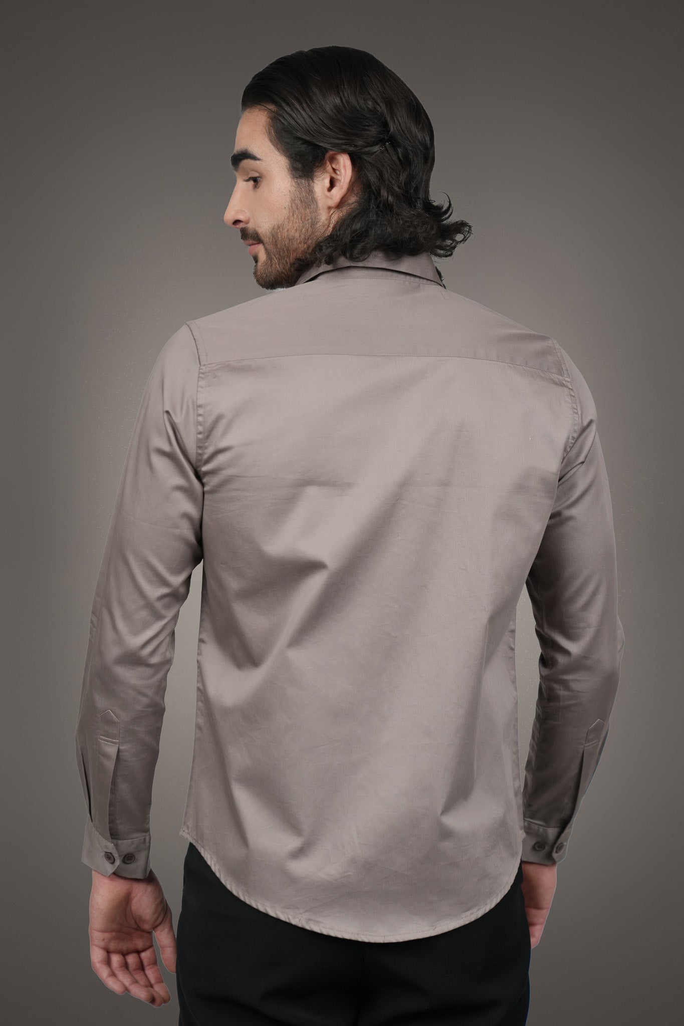 Metallic Beige Solid Cotton Satin Slim Fit Shirt