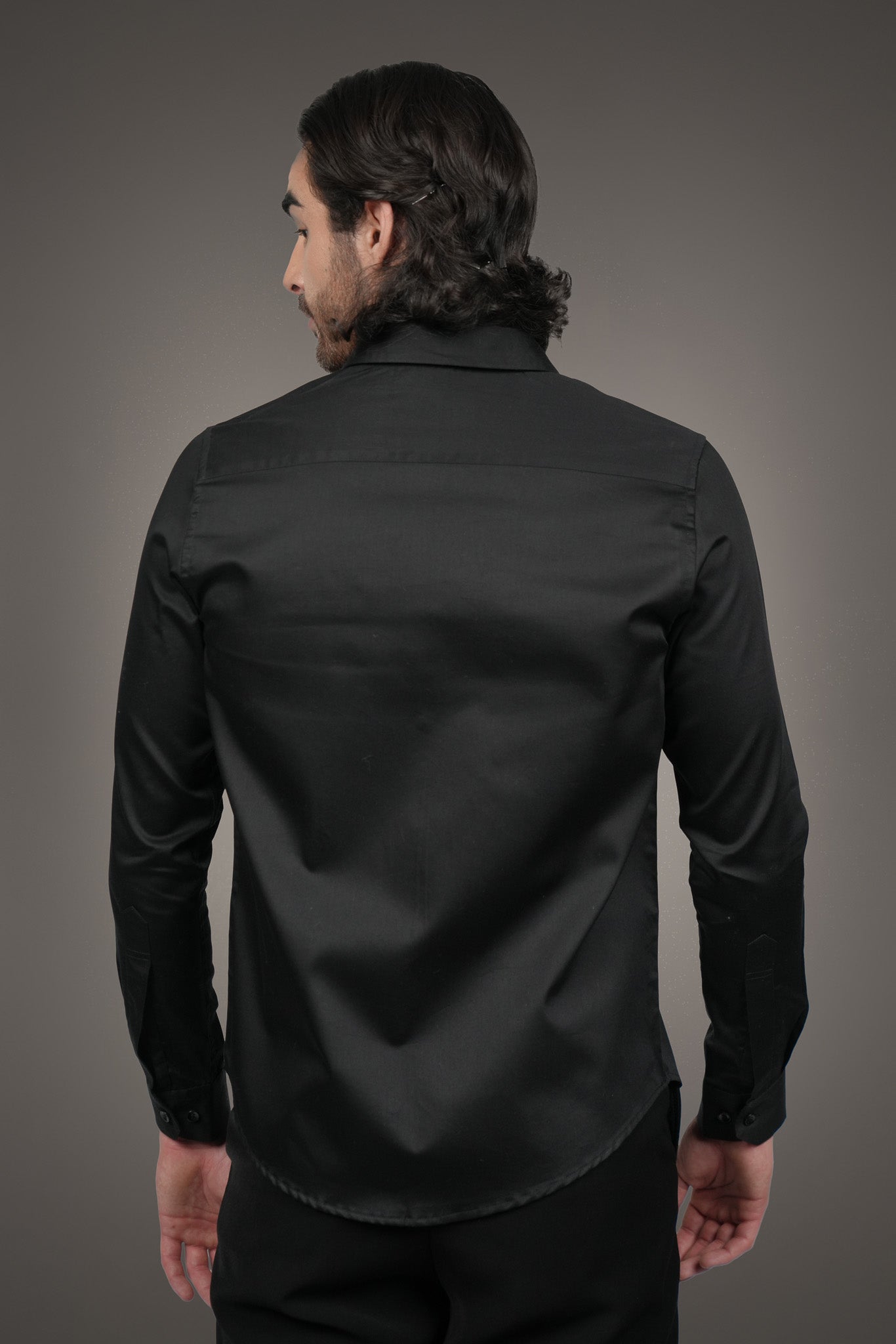 Black Solid Cotton Satin Slim Fit Shirt