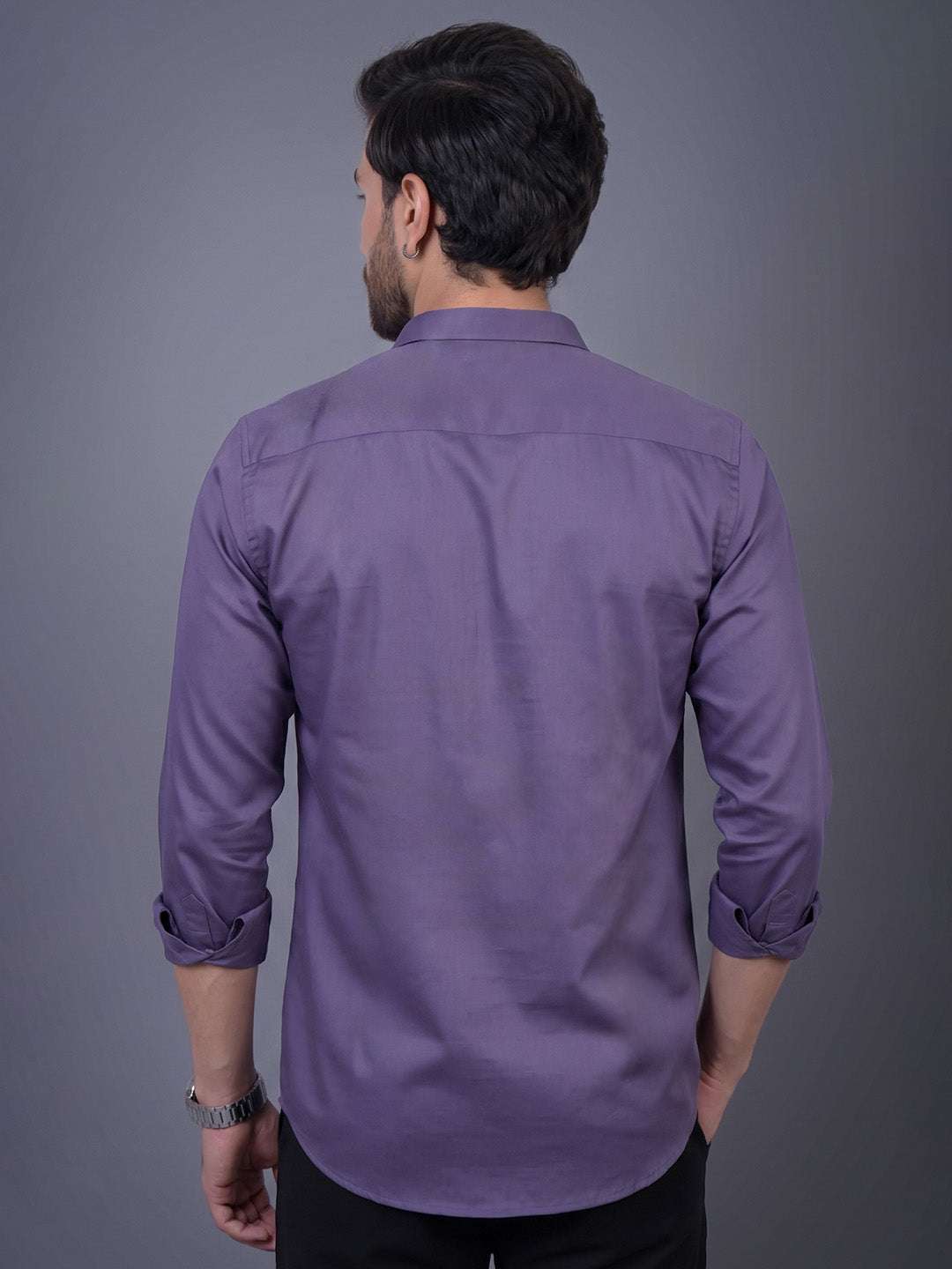 Purple Sequin Cotton Satin Slim Fit Shirt