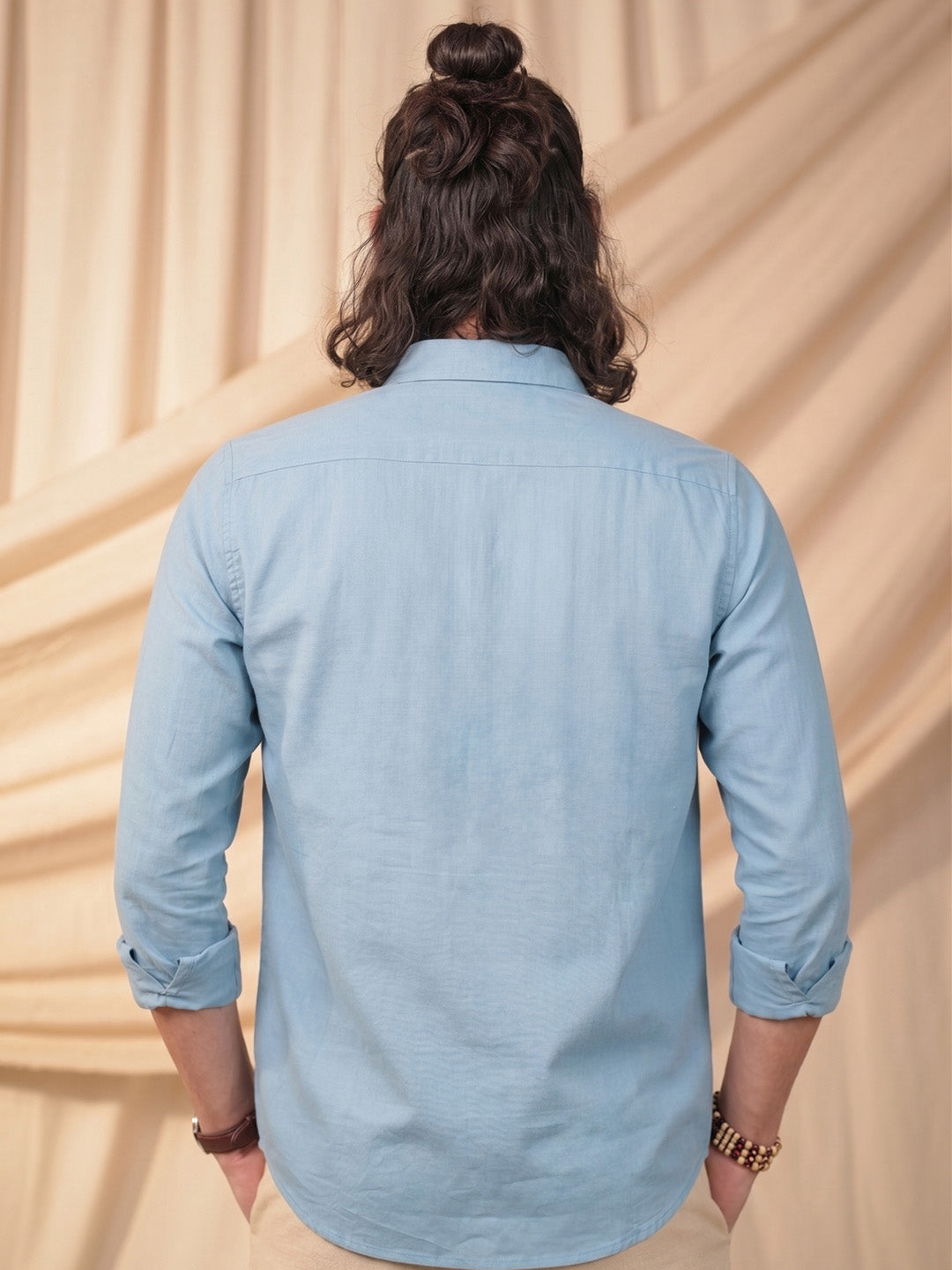 Aqua Blue Beach Chair Embroidery Linen Cotton Shirt