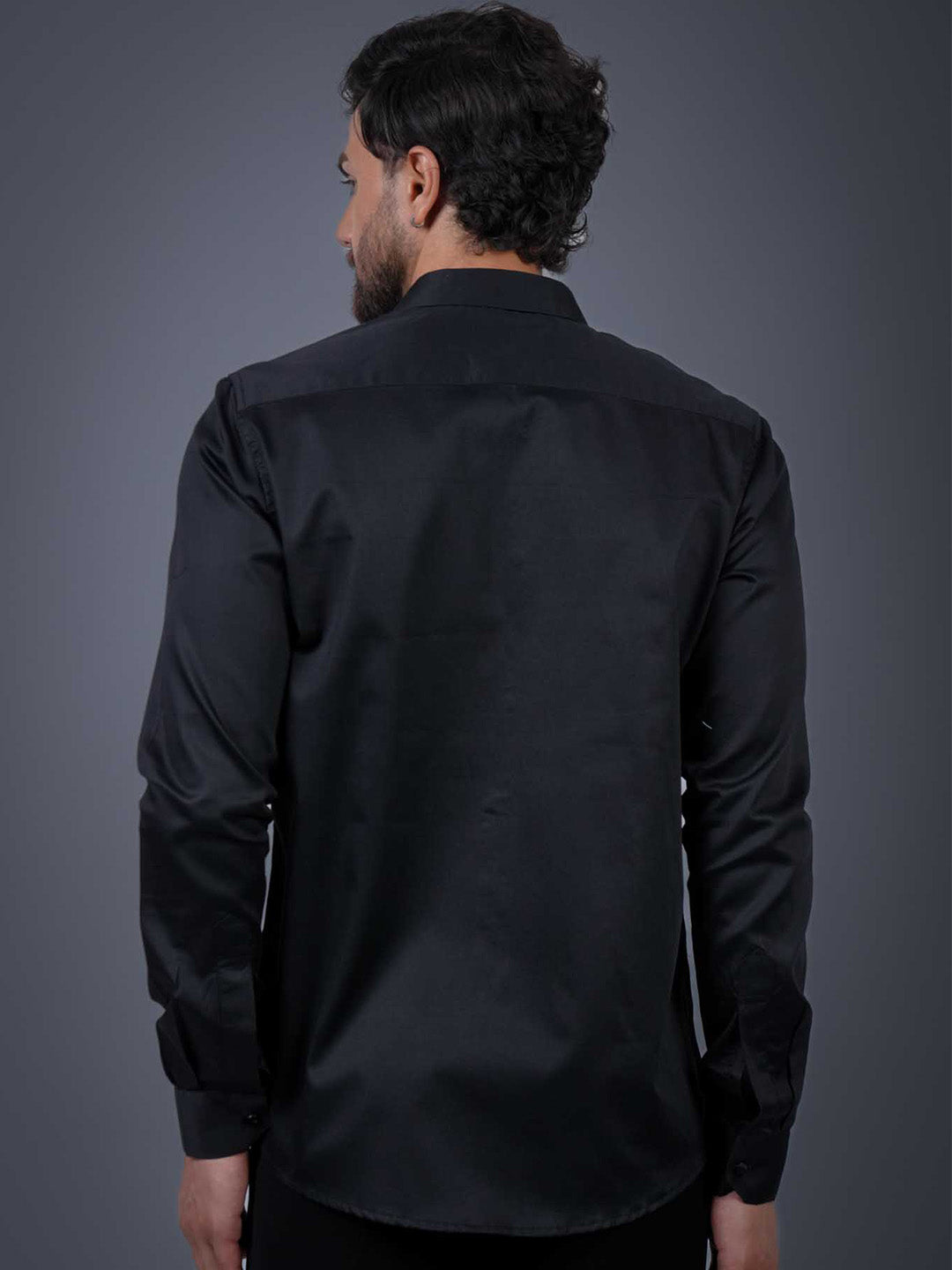 Black Sequin Cotton Satin Slim Fit Shirt