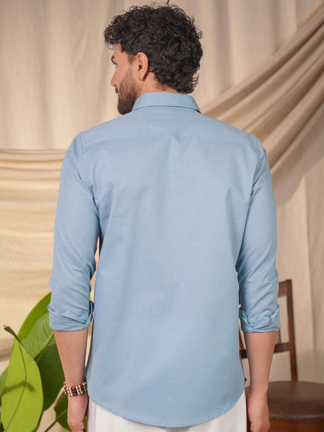 Aqua Blue Solid Linen Cotton Slim Fit Embroidery Printed Shirt