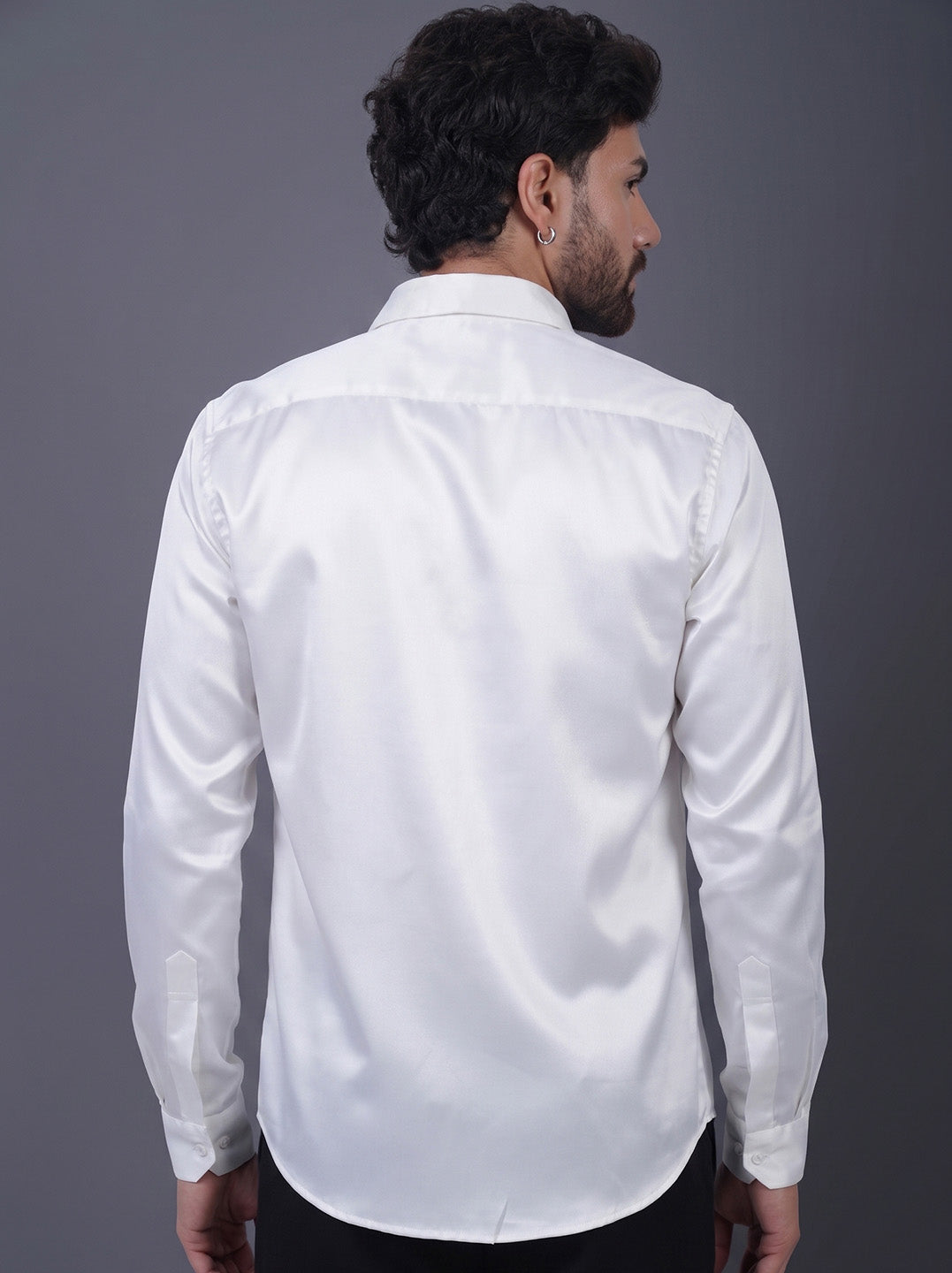 White Solid Cotton Satin Slim Fit Shirt