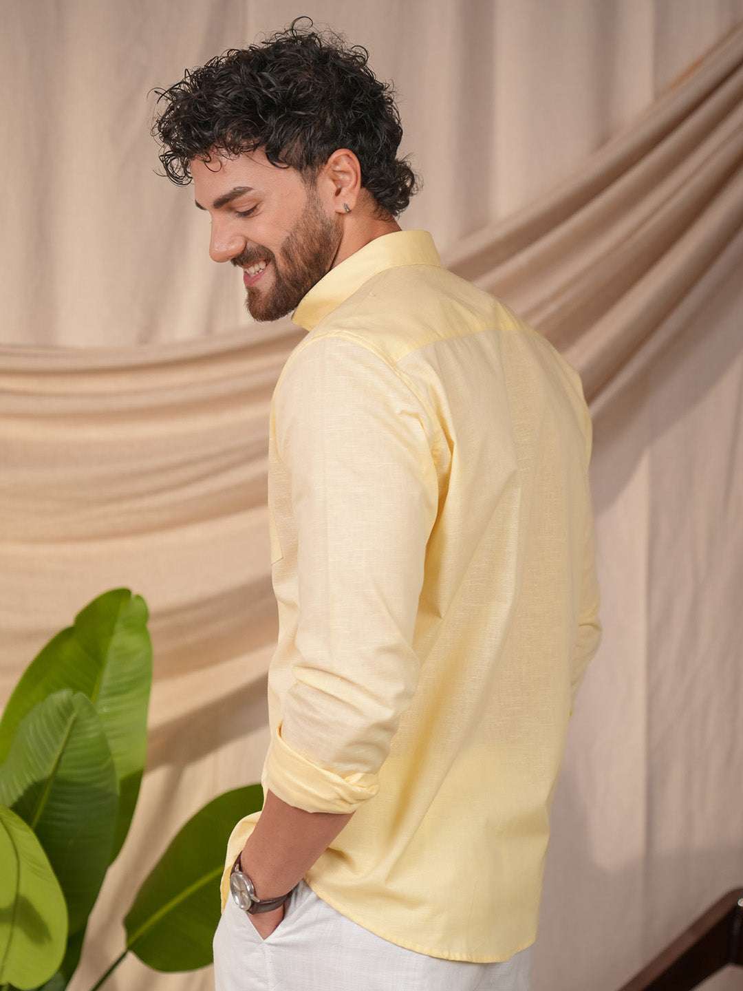 Light Yellow Solid Pre-Washed Linen Cotton Slim Fit Shirt
