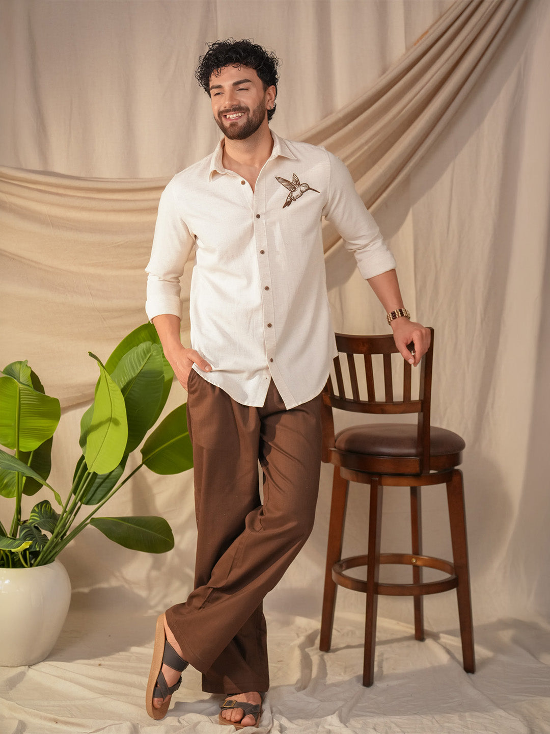 Beige Natural Grains Sparrow Embroidery Linen Cotton Shirt