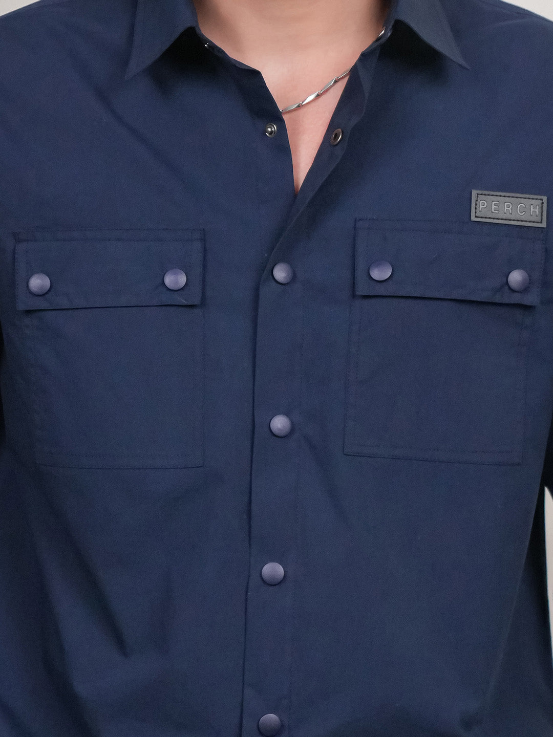 Navy Blue Solid Heavy Cotton Poplin Snap button Boxy Fit Shirt