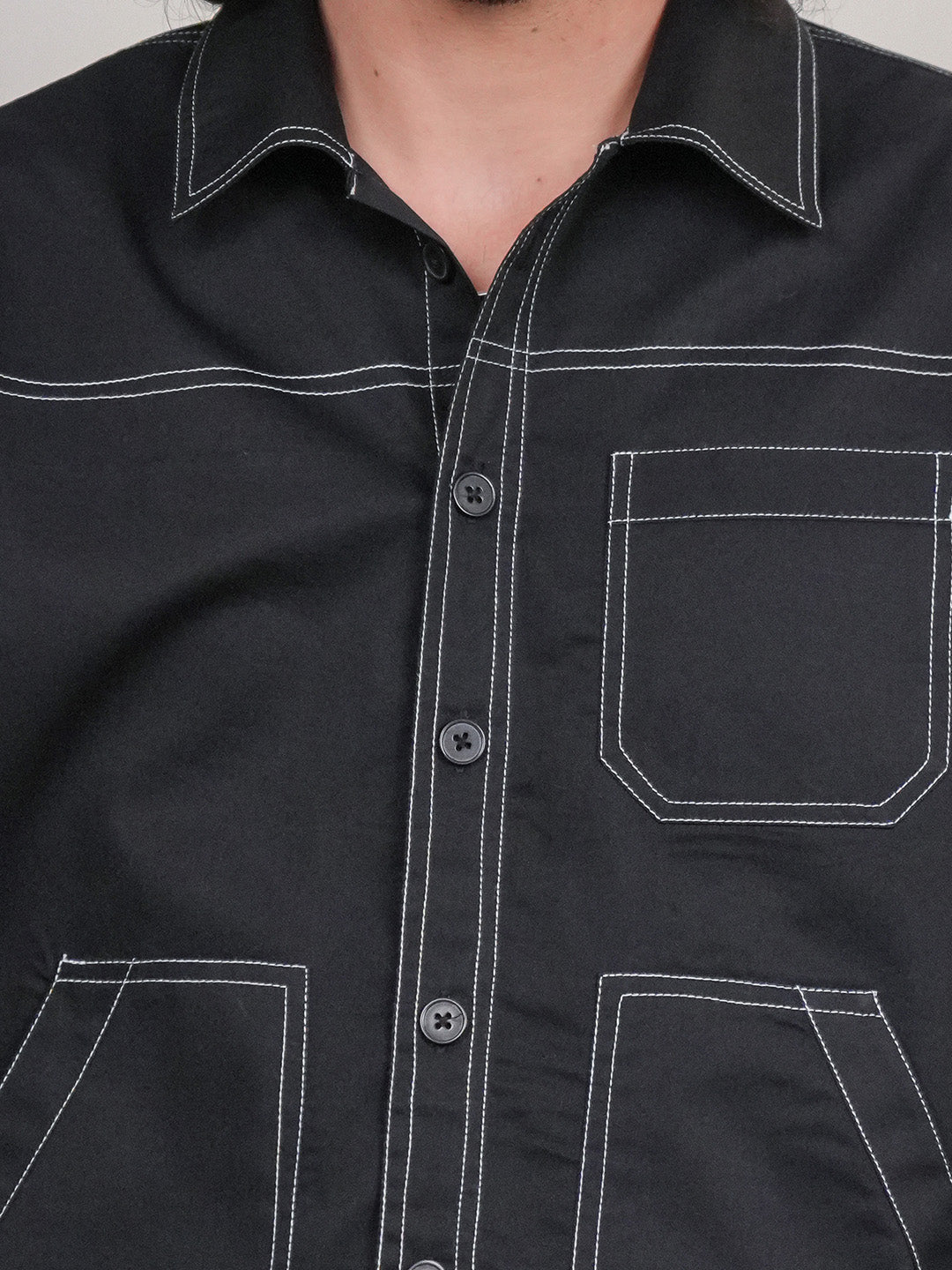 Black Solid Heavy Cotton Twill Boxy Fit Shirt For Men