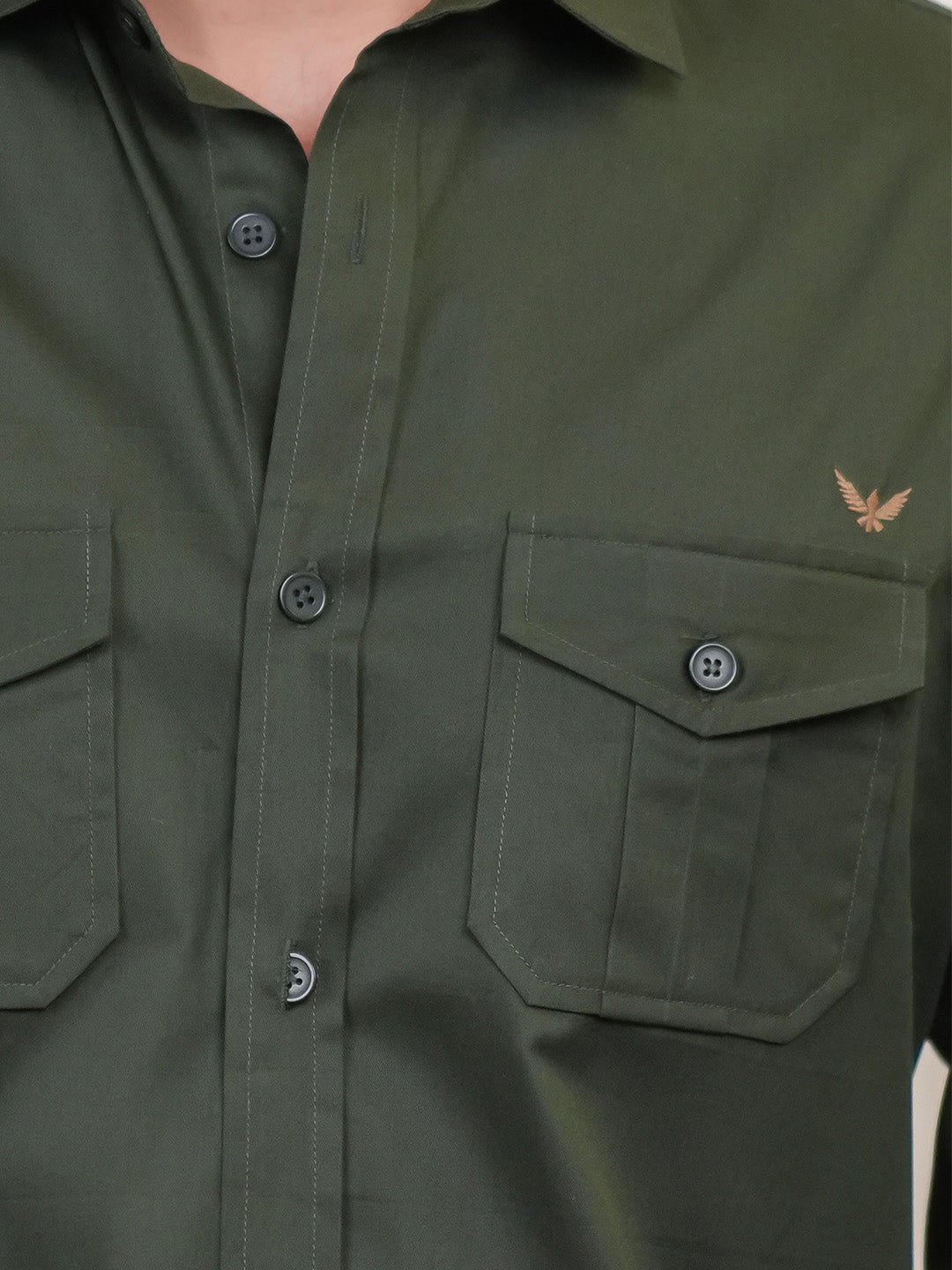 English Green Solid Cotton Twill  Slim Fit Shirt